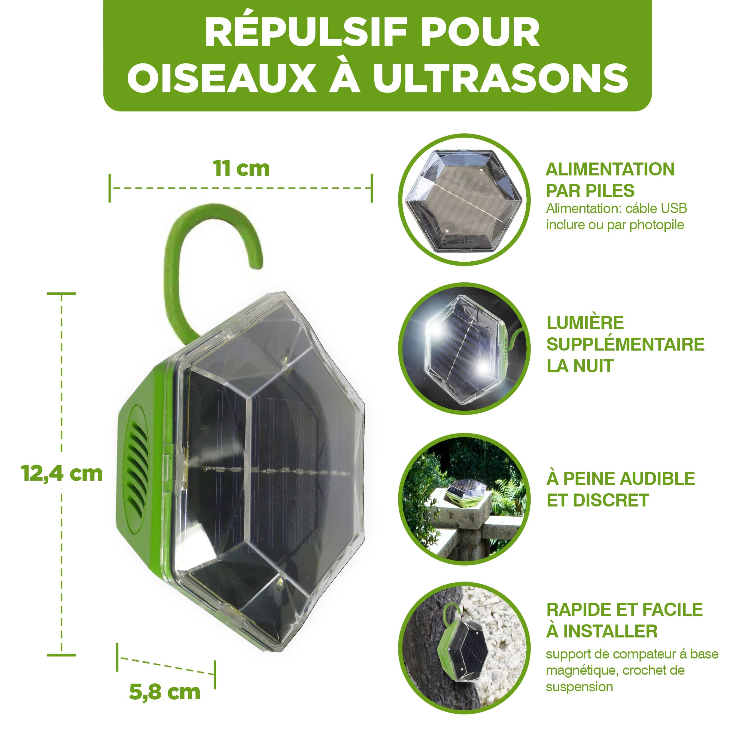 ISOTRONIC Répulsif Solaire Flash et ultrasons – Éloigne Pigeons et Oiseaux – Portée 150 m² – 1 unité