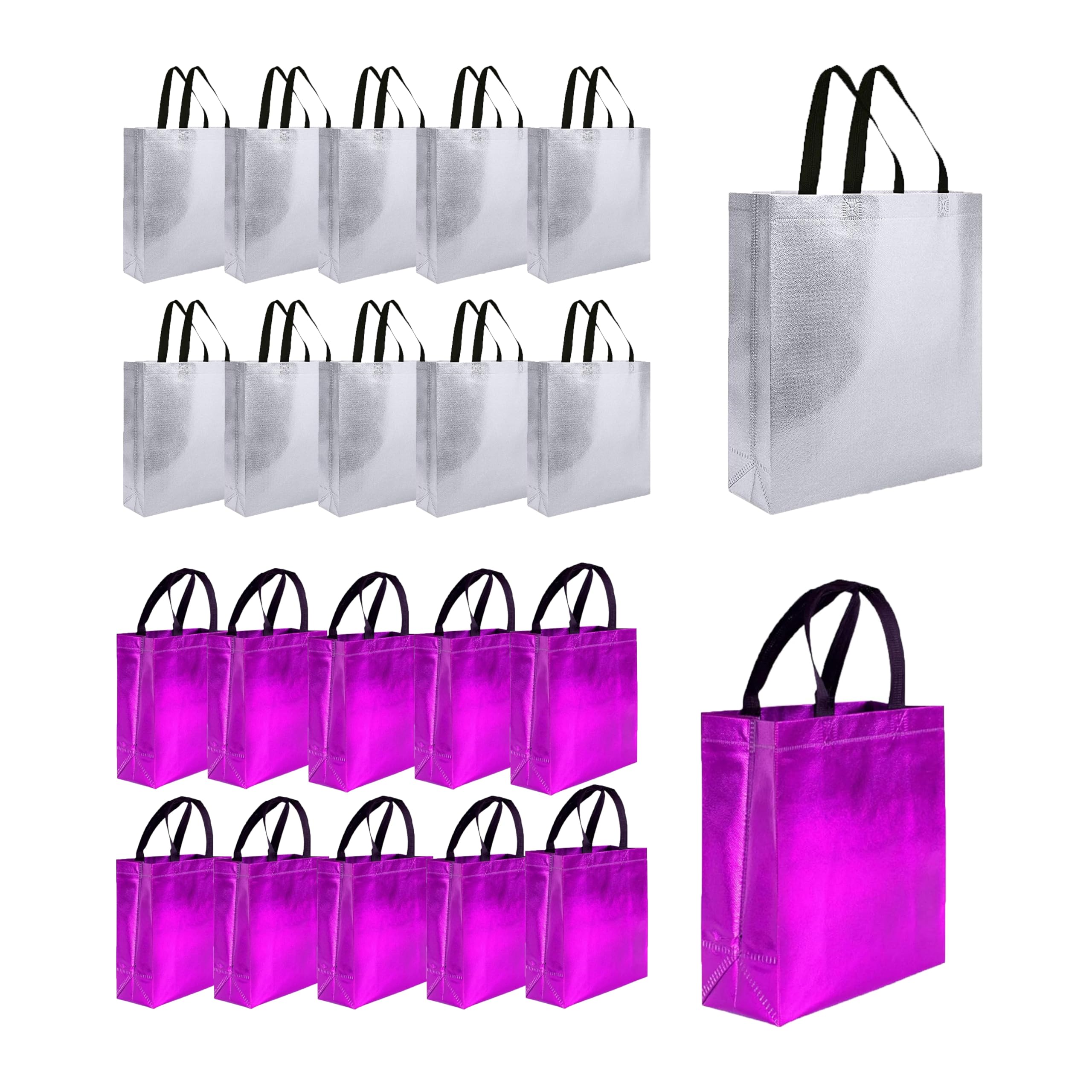 Evafly Gift Bag Medium Size Pack of 20 : L13 x W12 x D4 inch|Resuable Non-Woven Shiny Metallic Laminated|Return Gift For Haldi/Wedding Favours/Baby Shower/Birthday - Silver + Pink