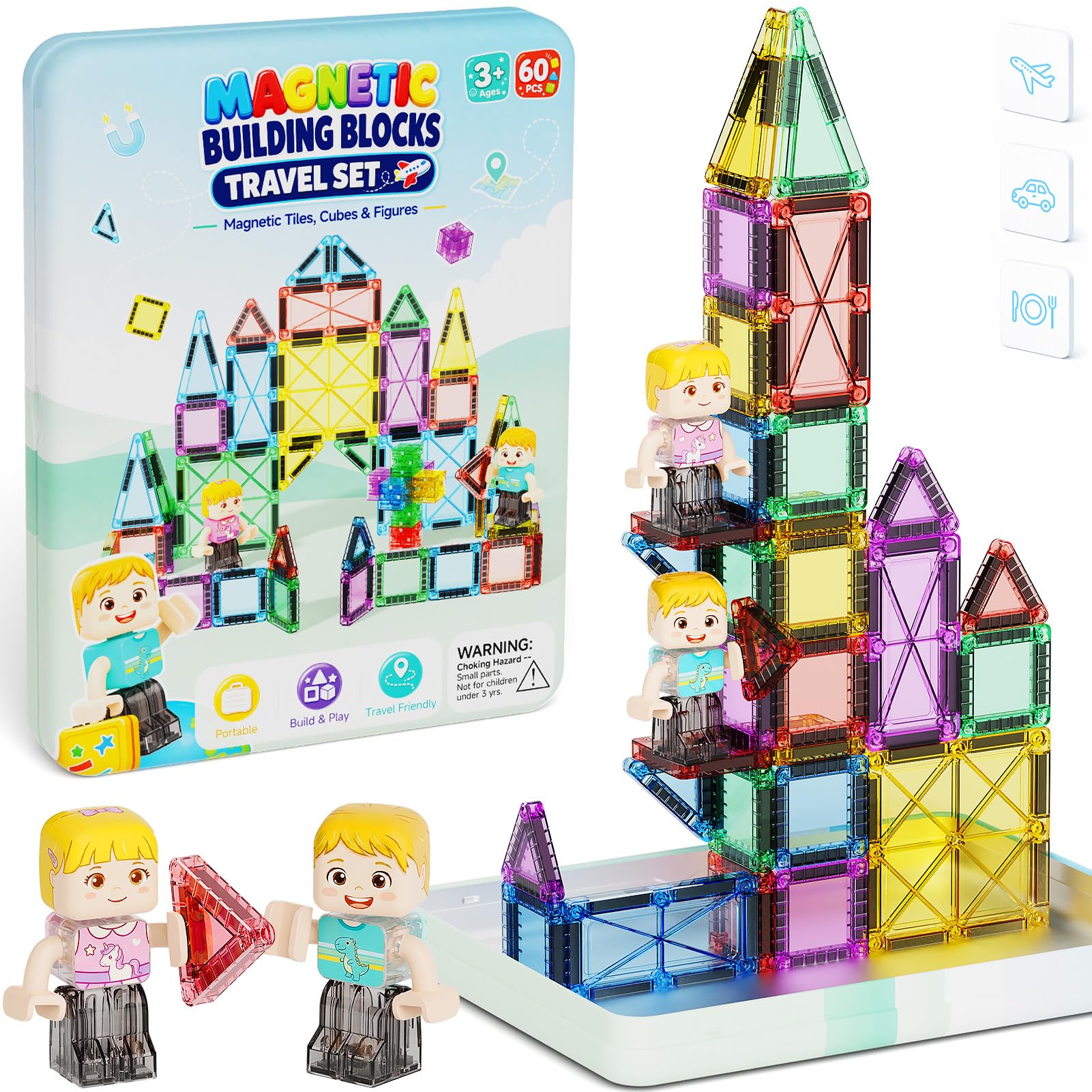 Magnetic Tiles Travel Set for Kids: 60pcs On-The-Go Holds 6-8 Layers