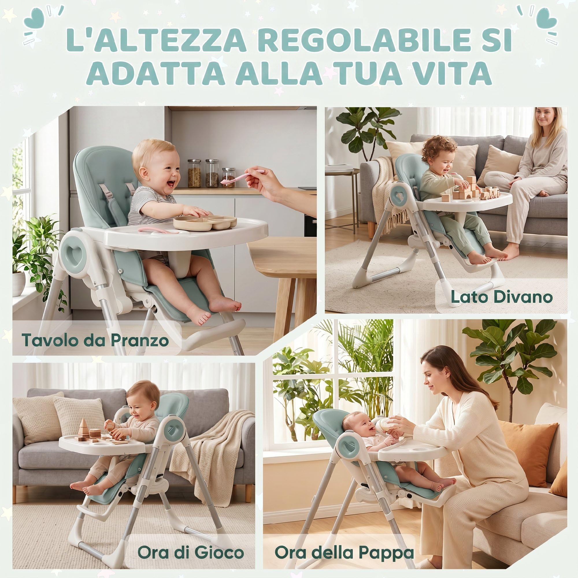 AIYAPLAY Seggiolone Pappa Evolutivo Bambini Pieghevole, 6-36Mesi/15kg Verde | Reclinabile, Altezza e Poggiapiedi Regolabile, Doppi Vassoio Lavabile e Regolabili, Ruote, Cintura 5 Punti