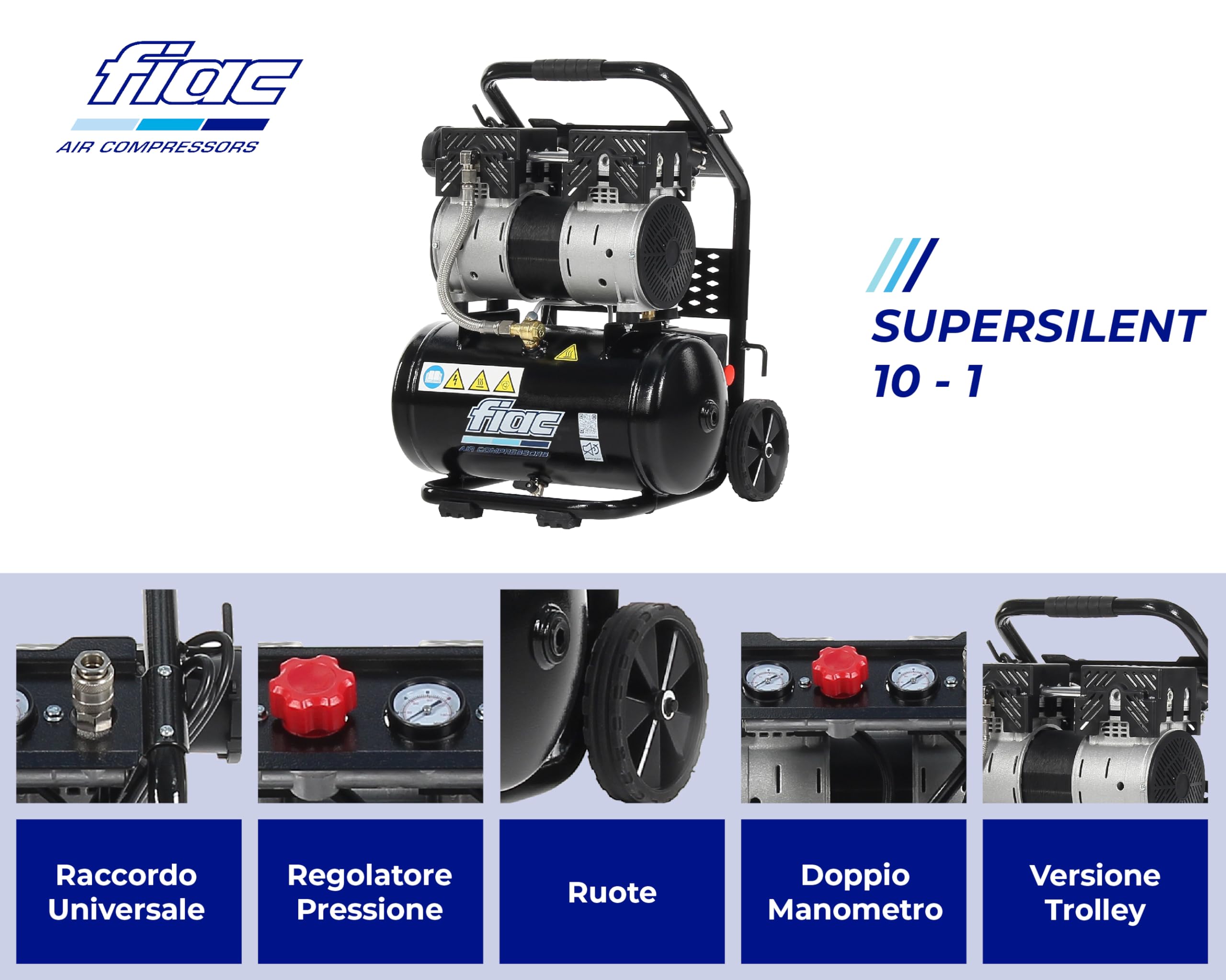 FIAC Compressore d'Aria Portatile Silenzioso SUPERSILENT 10, Compressore Aria Senza Olio, Pressione Massima 8 Bar, Potenza 1 CV, Serbatoio 10 Litri, Rumorosità 58 dB LpA