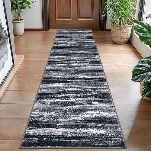 Miniatura 90 de Alfombra moderna abstracta de 2 x 6 pies, alfombra de pasillo lavable gris negro multi para cocina, antideslizante, suave, alfombra delgada de Gris