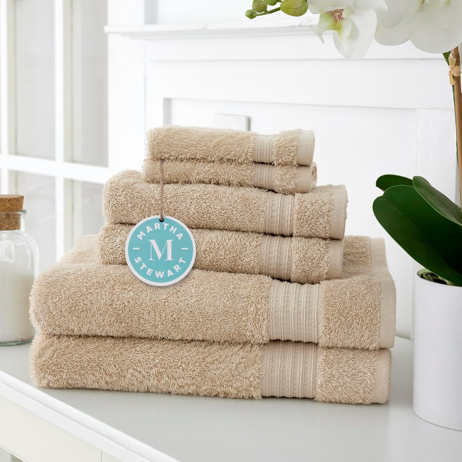 MARTHA STEWART Egyptian Cotton Bath Towels Set - 6 Piece, 2 Bath Towels - 2 Hand Towels - 2 Washcloths, Absorbent Bathroom Towels, Bathroom Essentials, Oyster Oyster 6 Piece Towel Set 100% Egyptian Cotton Bath Towel