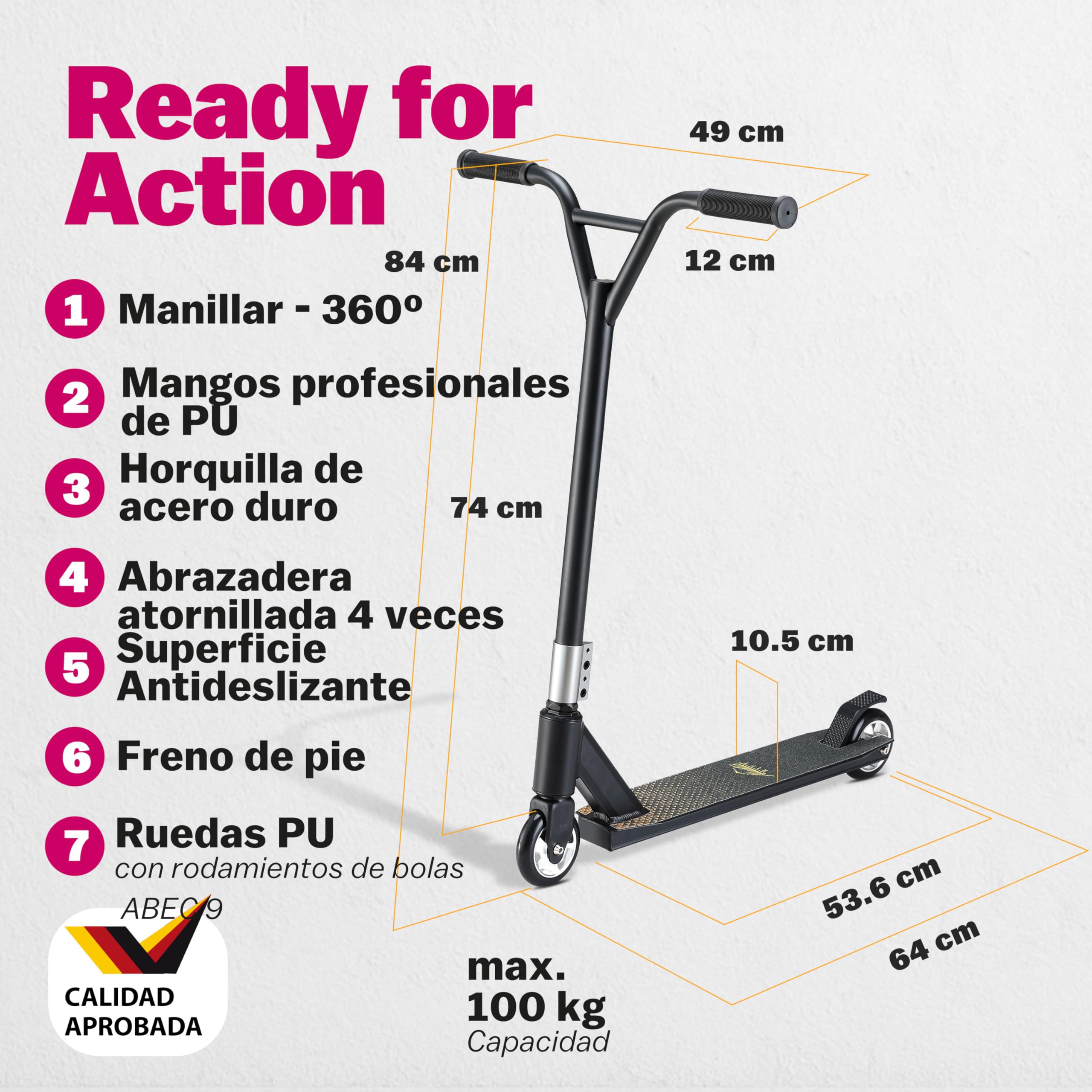 Patinete de Acrobacias Ruedas PU 100mm Manillar Y 360° Capacidad 100KG Rodamientos ABEC 9 Scooter Adultos y Niños