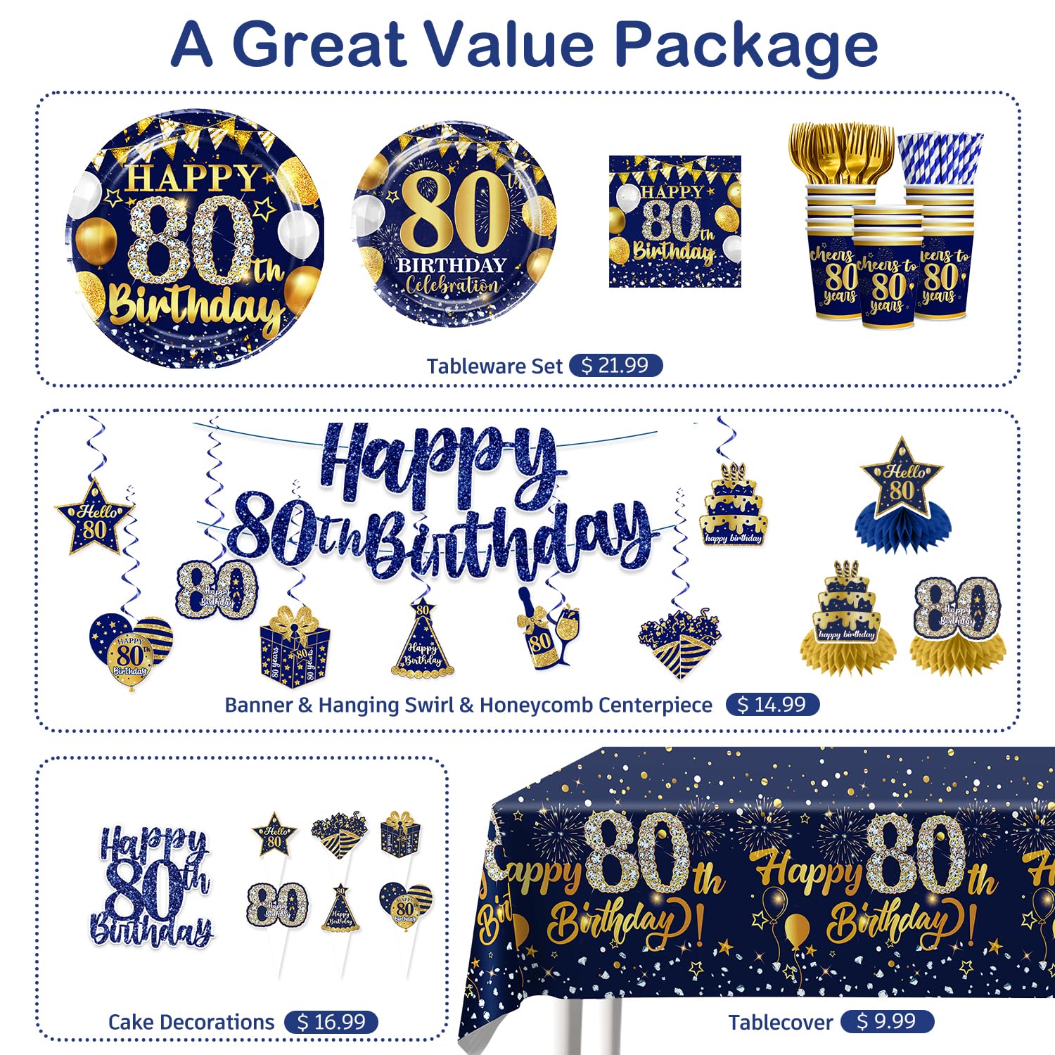 Juego de vajilla de 80 cumpleaños para hombres, decoraciones de 80 cumpleaños para hombres con platos y servilletas de 80 cumpleaños, decoraciones de cumpleaños 80 para hombres, sirve para 25