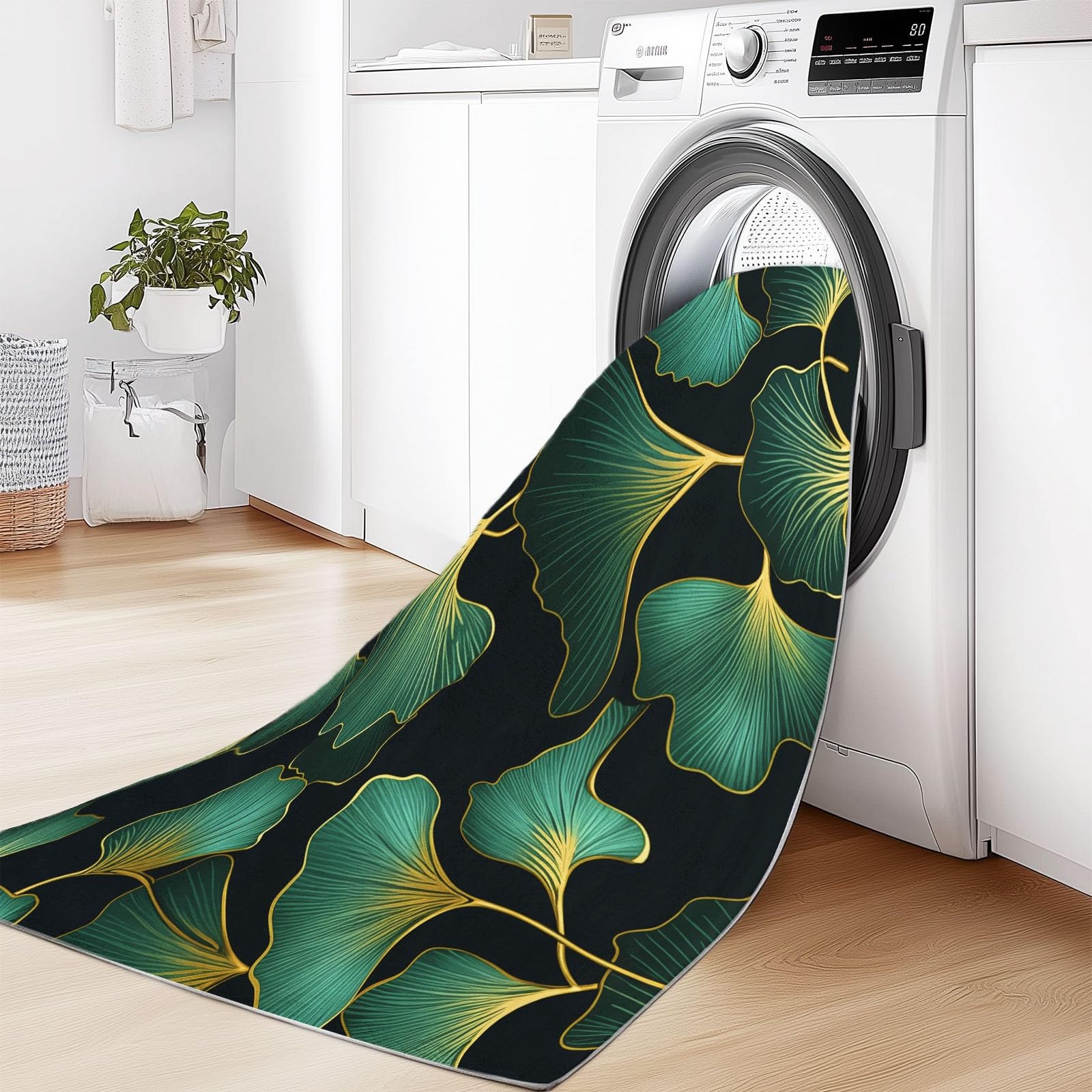 Dywan 80 x 150 cm antypoślizgowy ciemnozielony złoty, elegancki luksusowy liść miłorzębu tekstura prostokątne miękkie dywaniki do salonu, dekoracja domu dywan można prać w pralce
