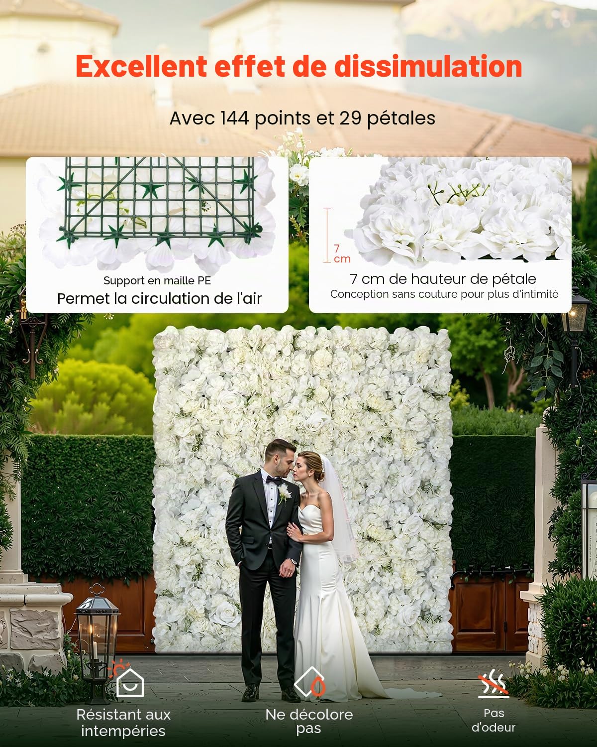 VEVOR Panneau Mural Décoratif Floral, 24 PCS, Mur à Fleurs Artificielles 3D, 38x38 cm, Conception Sans Couture Installation Facile pour Mariage, Saint-Valentin, Fête Prénatale, Décoration Fond, Blanc