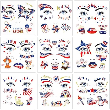 9 Sheets USA Glitter Face Tattoos, Patriotic Face Jewels for Independence Day