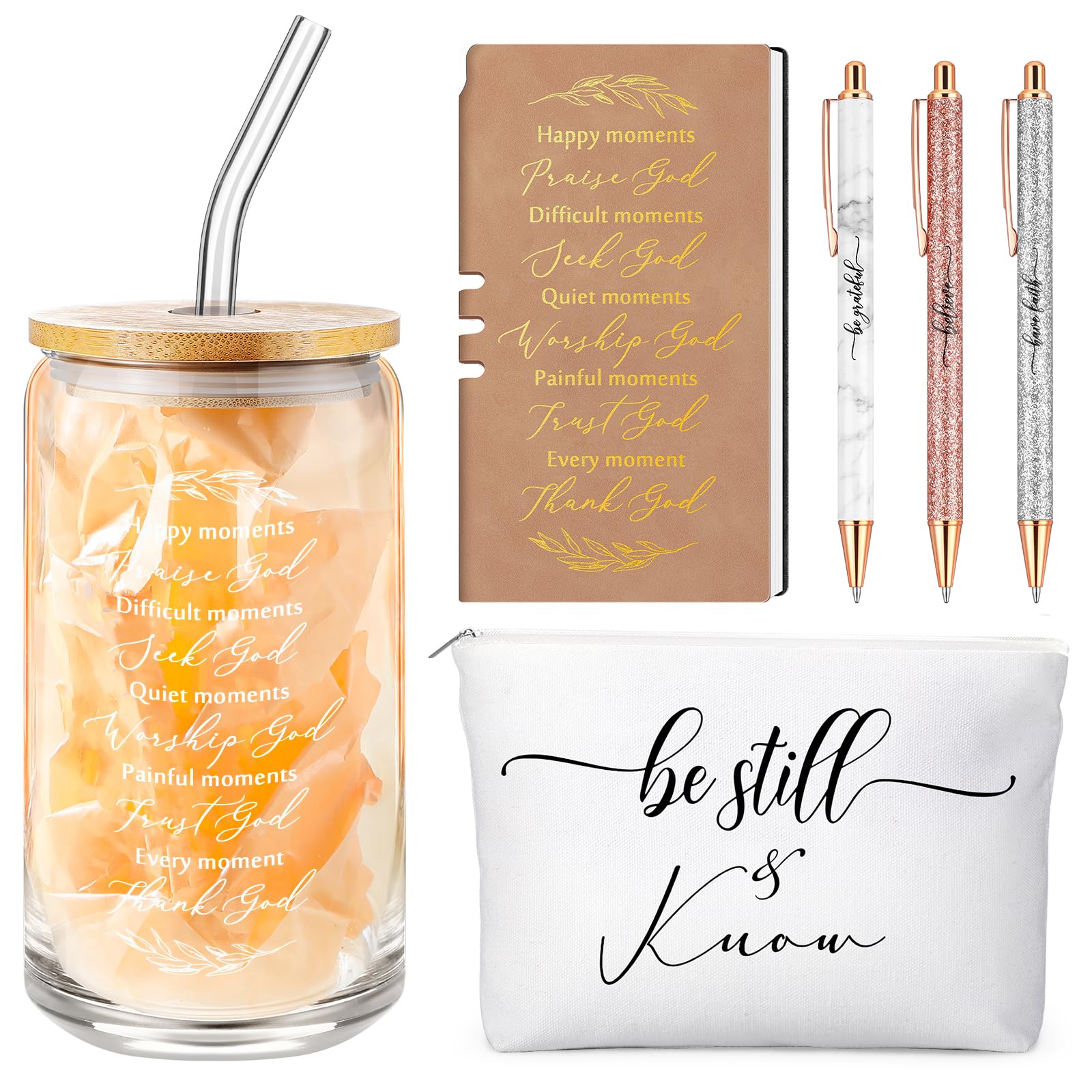 Spakon 6 Pcs Christian Easter Gifts for Women Bible Verse A6 Leather Journal Notebook 16 oz Glass Cup Glitter Ballpoint Pen Makeup Bag Inspirational Mothers Day Gifts for Church(Brown)