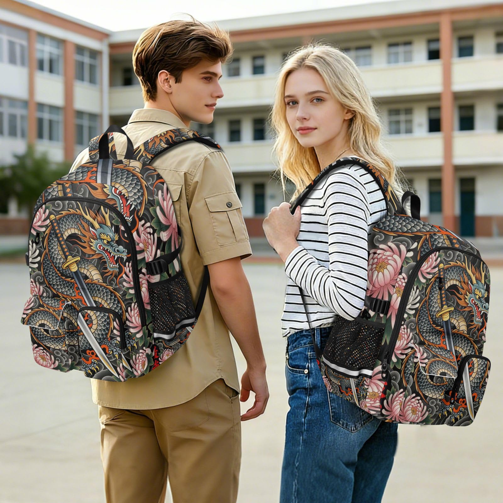 Grand sac à dos de voyage pour homme et fille Motif dragon et fleurs japonaises 44,5 cm
