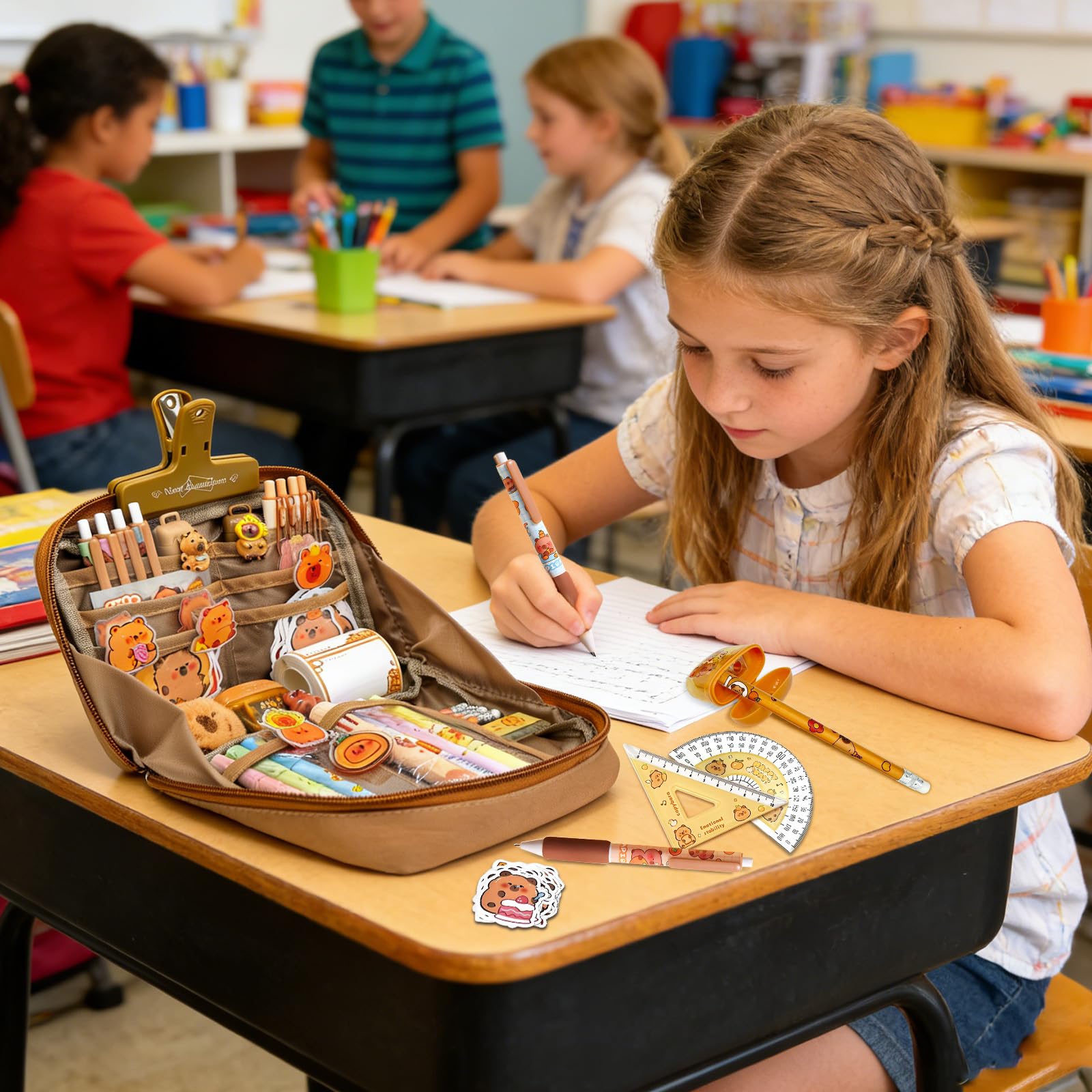 71 Pièces Capybara Papeterie, Trousse Capybara Avec Fourniture, Stylo Capybara Avec Stylos, Autocollants, Règles Cadeau Pour Étudiants Pour Enfants, Étudiants, École