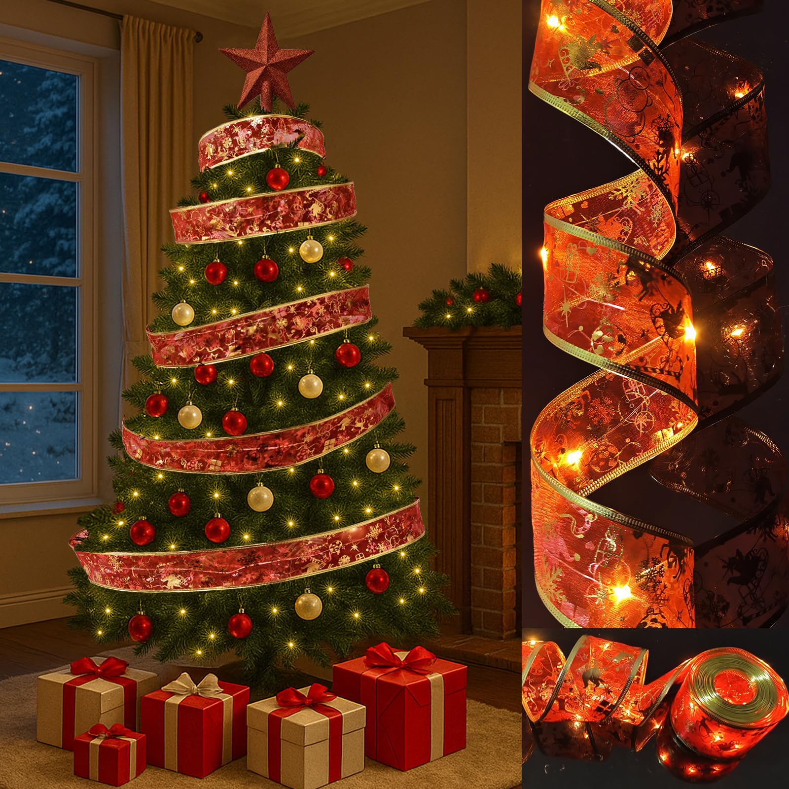AMLOOPH Christmas Tree Lights, Red 6m Christmas Tree Ribbon String Fairy Lights for Tree Christmas Decorations, Battery Warm White 60 LED Ribbon Christmas Lights Indoor for Xmas Tree Decorations