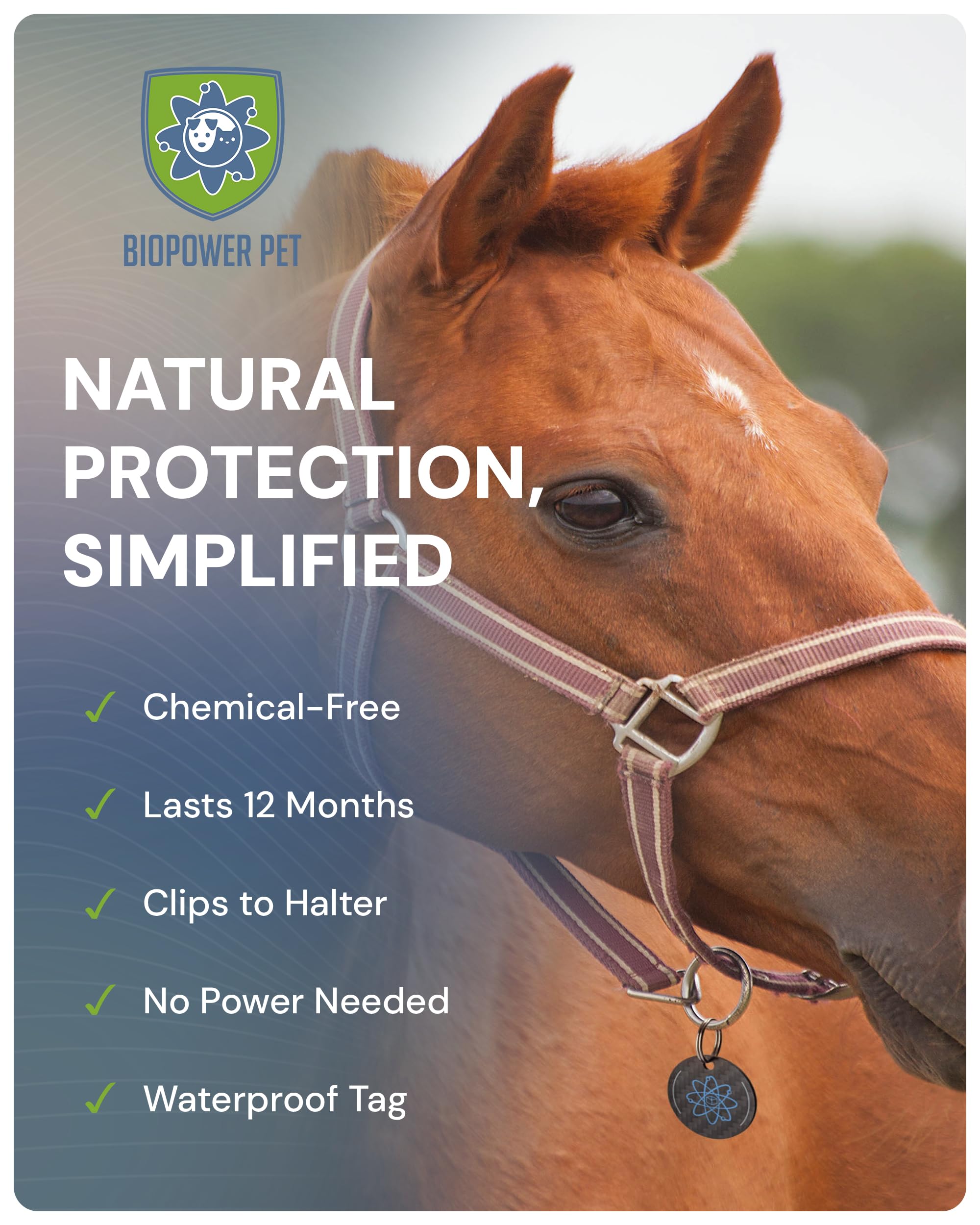 BioPower Natural Fly & Tick Repellent for Horses - Horse Shield Tag with 1-Year Bioresonance Protection – Chemical-Free, Waterproof Carbon Tag That Clips to Halter – Non-Toxic Pest Defense - image 2