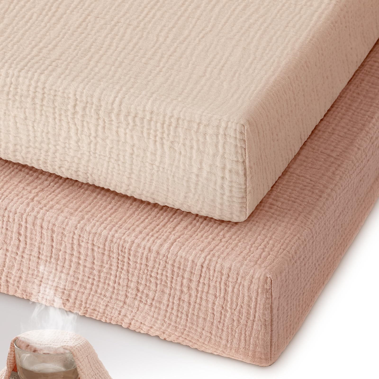 Unnivoll Travel Cot Sheets 95 x 65 cm Fitted 100% Muslin Cotton Super Soft & Breathable Travel Cot Mattress Sheets 2 Pack Gradient Pink