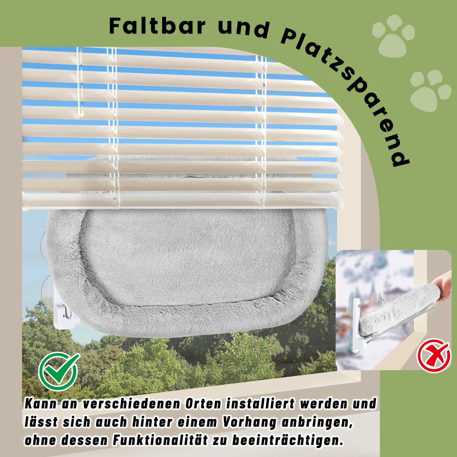 Fensterliege für Katzen 60×30cm, Katzen Hängematte mit Stabilen Saugnäpfen, Klappbare Katzenbett für Fenster, Fensterbank Katzenliege Bis zu 20kg, Grau