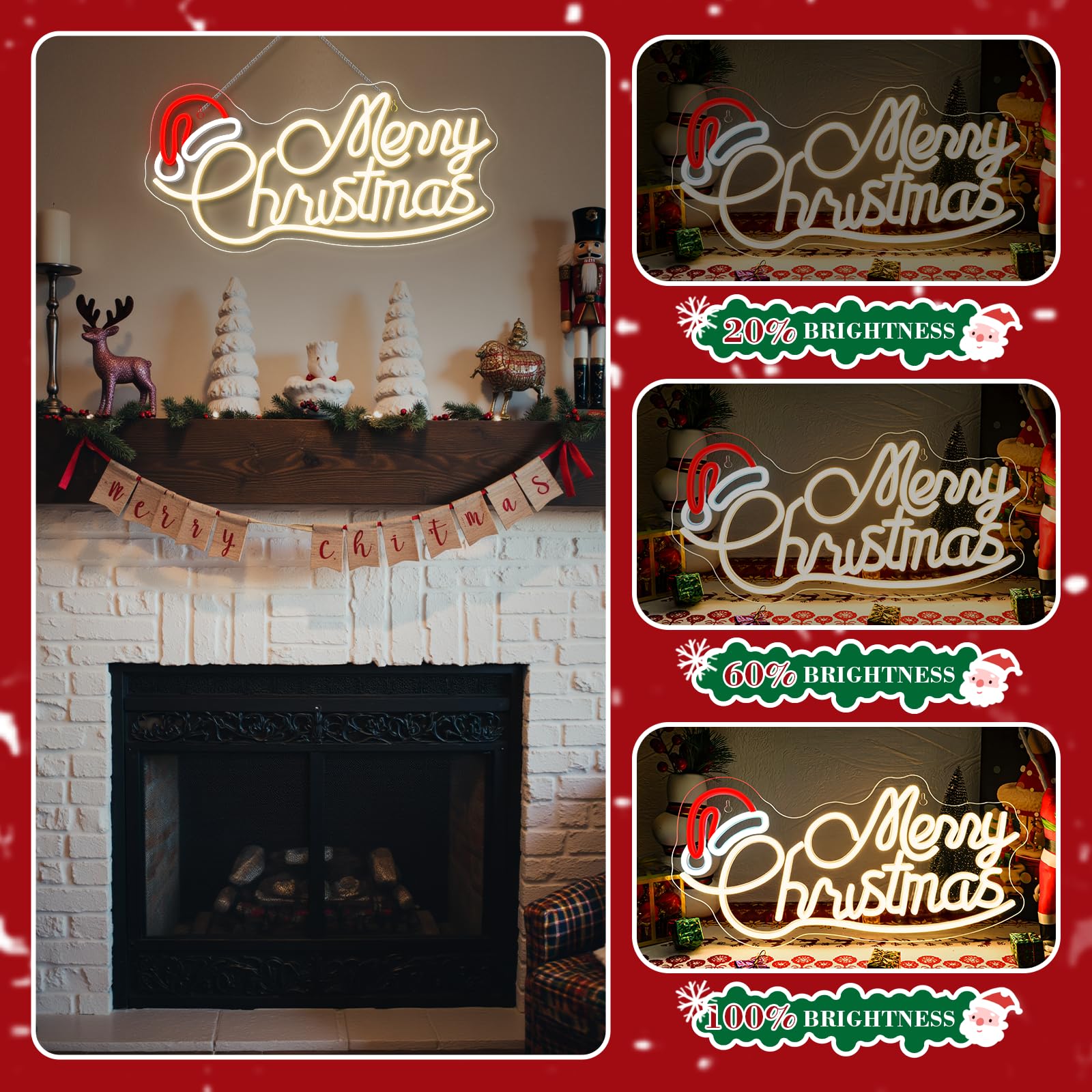 Merry Christmas Hat Neon Led, Lettre Lumineuse Joyeux Noël avec Interrupteur Dimmable, Neon Mural pour Décoration,Néon Led de Fête de Noël,Chambre,Nouvel An,Commerce