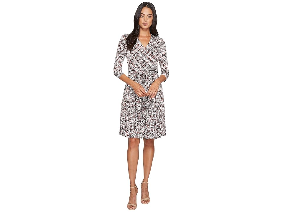 

Maggy London Grid Plaid Printed Jersey Fit and Flare with Pleated Skirt (Soft White/Red) Women's Dress