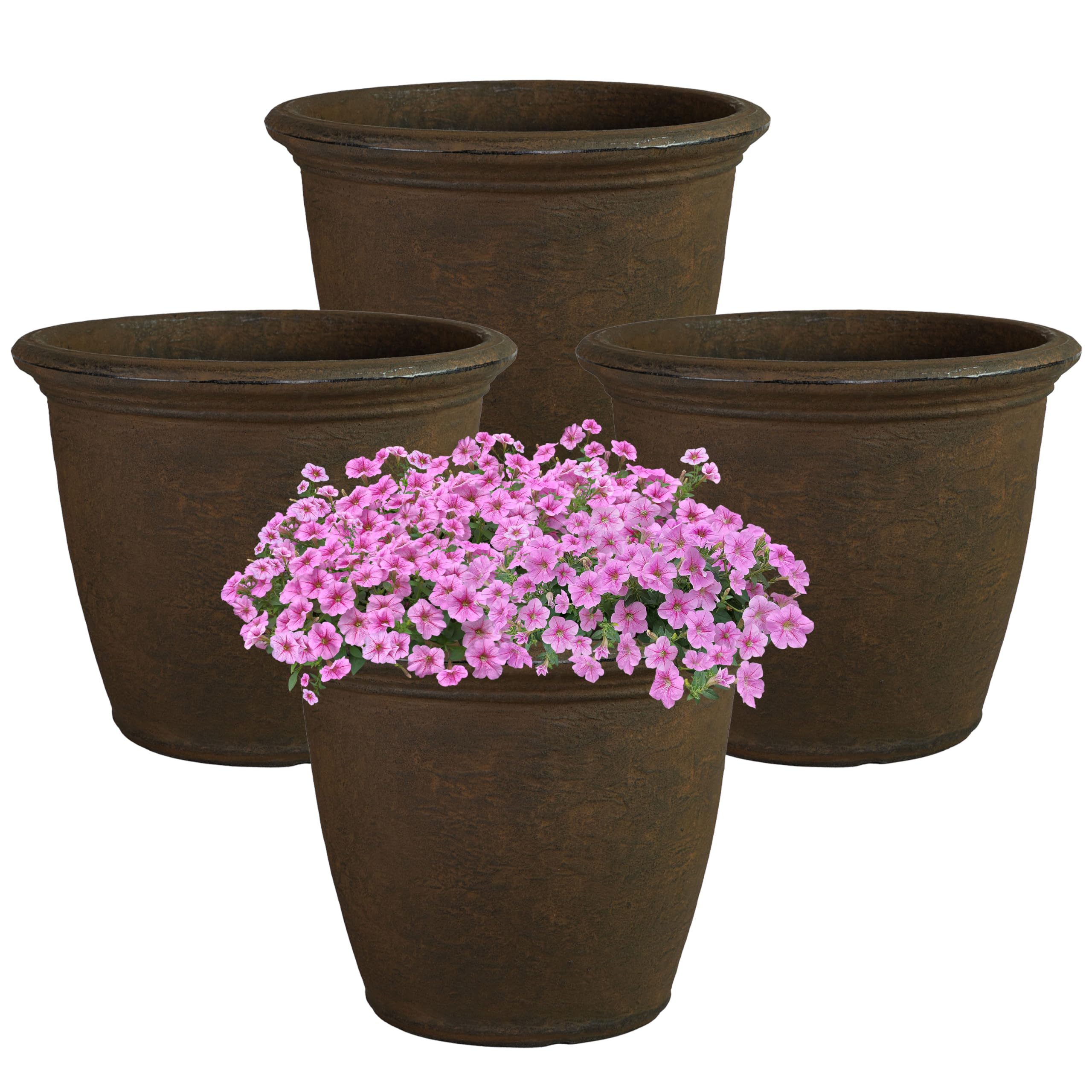 Sunnydaze 20-Inch Anjelica Large Plastic Pot for Plants - Outdoor Double-Walled Large Plastic Planter with Drillable Drainage Holes - Rust - 4pk