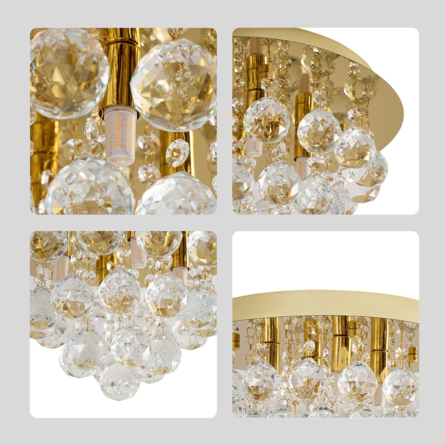 13.8" Mini Crystal Flush Mount Chandelier Gold Finish, Luxury Bedroom and Closet Ceiling Light, Small Chandelier for Bedroom Closet, Mini Chandelier, Hardwired, 4-Light G9 Bulbs Not Included
