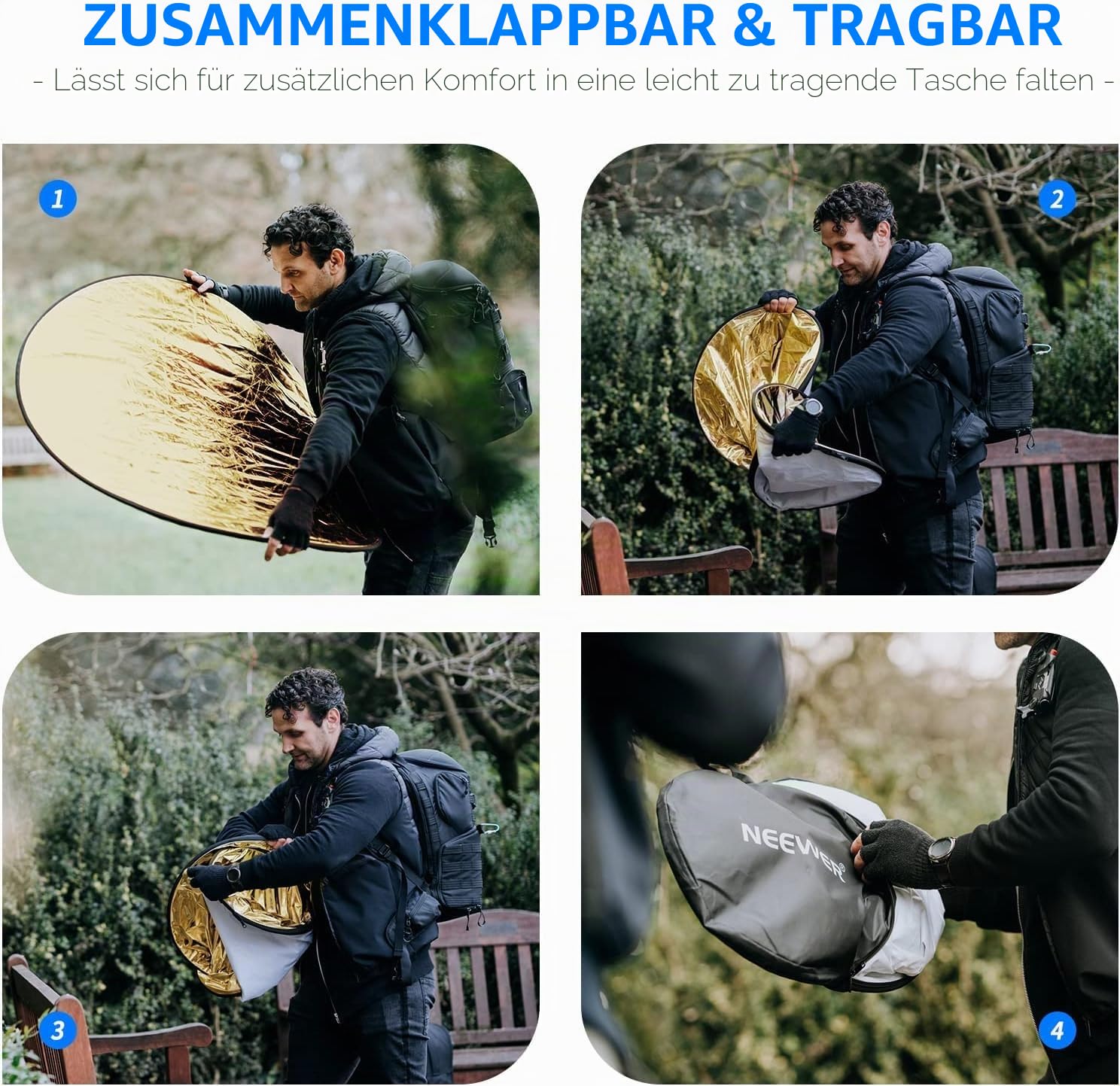 NEEWER 110cm Lichtreflektor Diffusor 5 in 1 Faltbare Multi Disc mit Tasche - Durchscheinend, Silber, Gold, Weiß und Schwarz, Fotoreflektor für Studio Fotografie Beleuchtung im Freien, RF-110