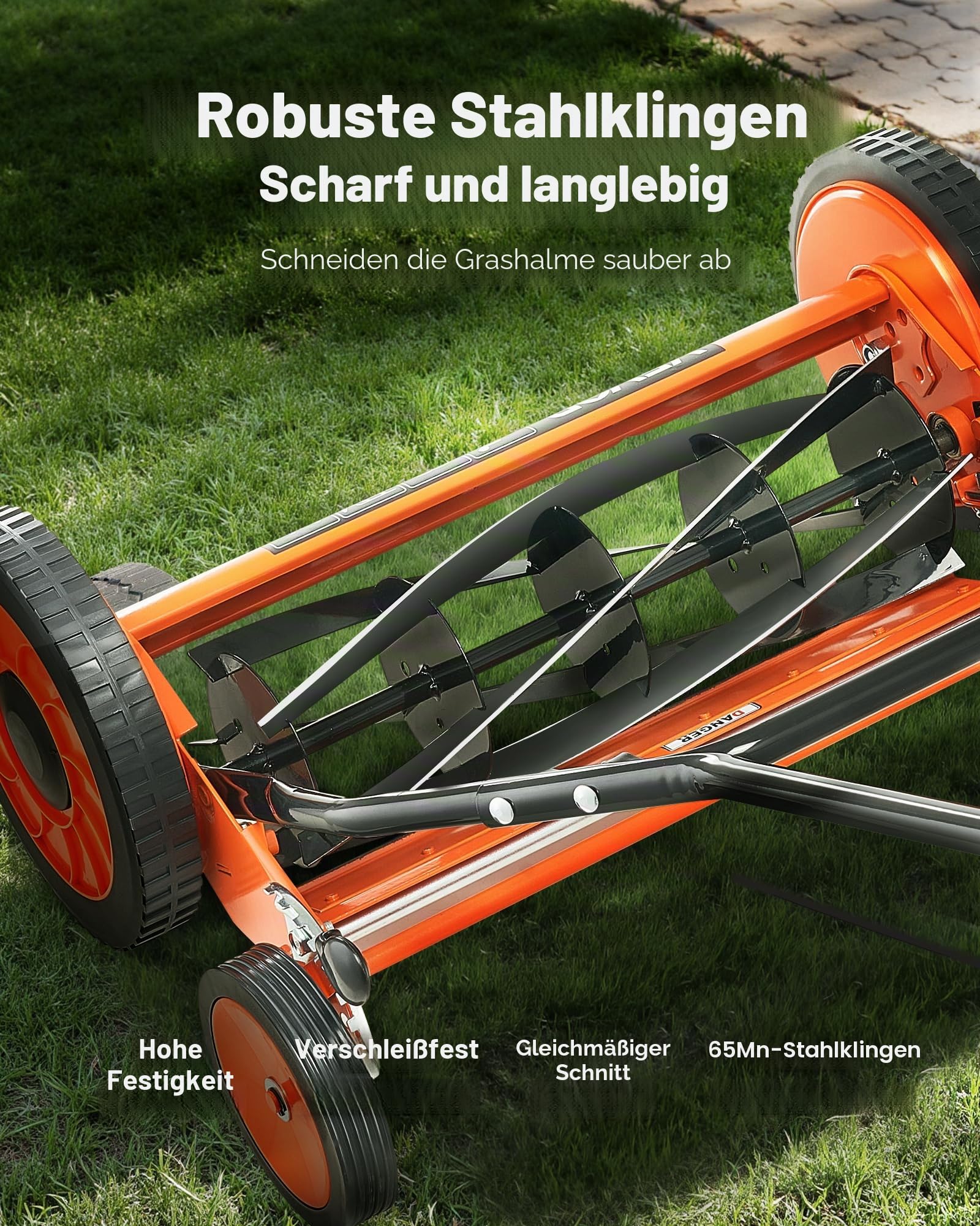 VEVOR Spindelmäher mit 450 mm Schnittbreite, Rasenmäher Schnitthöhe von 35 bis 62 mm, Handmäher mit 5 Klingen und Grasfangsack, Ideal für grüne Rasenflächen, Einfahrten, Innenhöfe