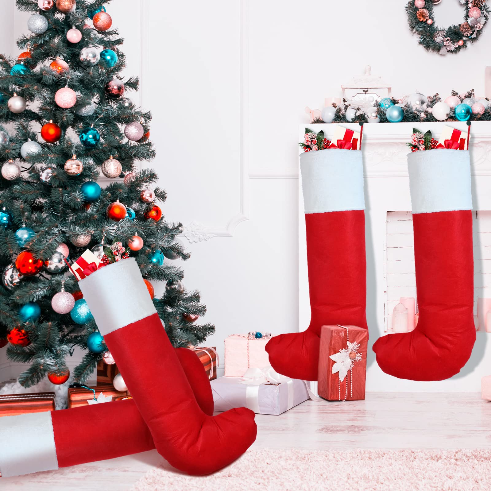 Lot de 4 grandes chaussettes de Noël géantes en feutre rouge de 111 cm pour décoration de fête en famille, de vacances (style classique)