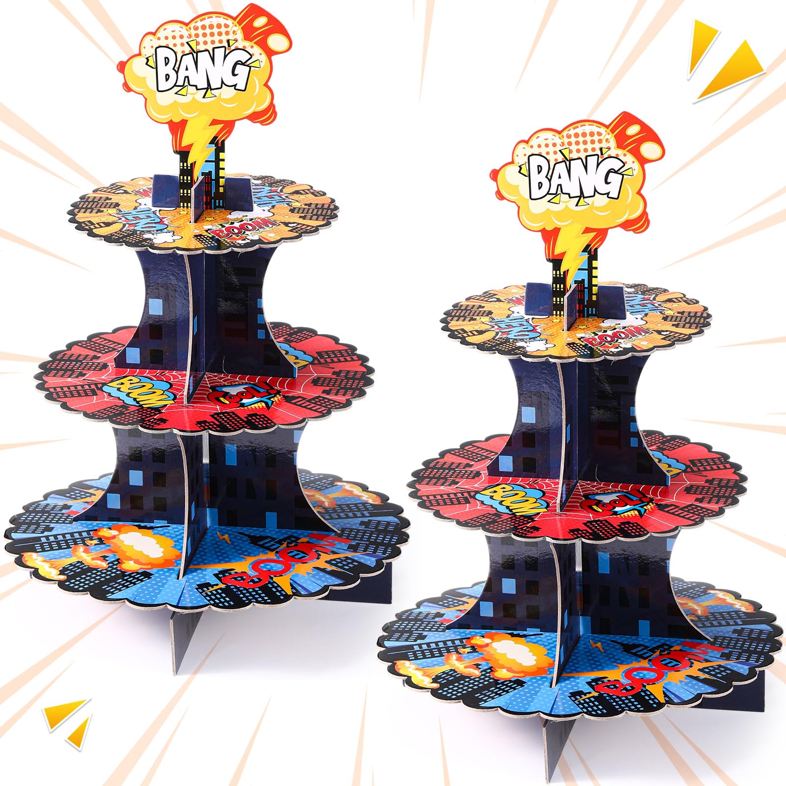 Jingmore 2 Pcs 3 Tiers Hero Cupcake Stand Hero Birthday Theme Party Decorations Action Cupcake Holder Action Treat Stand Tower for Boys Girls Comic