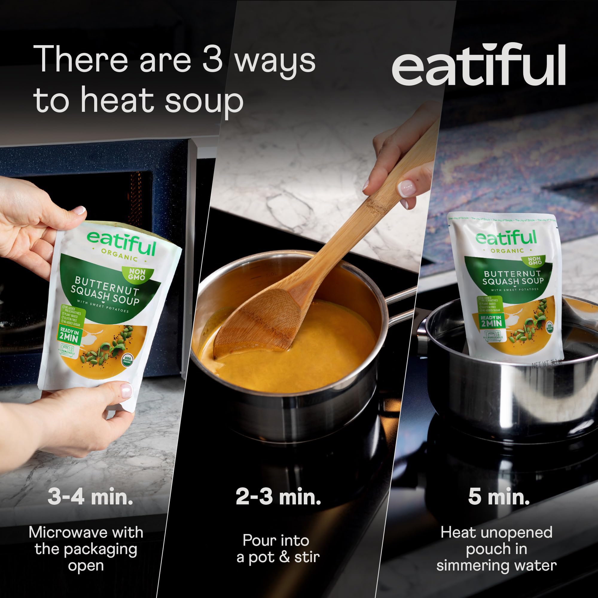 EATIFUL Sopa de Calabaza Moscada, Deliciosa Sopa de Calabaza Moscada Lista Para Comer con Boniatos, Elaborada con Verduras Ecológicas, de Origen Vegetal, sin Gluten y OMG, 400g (Paquete De 1)