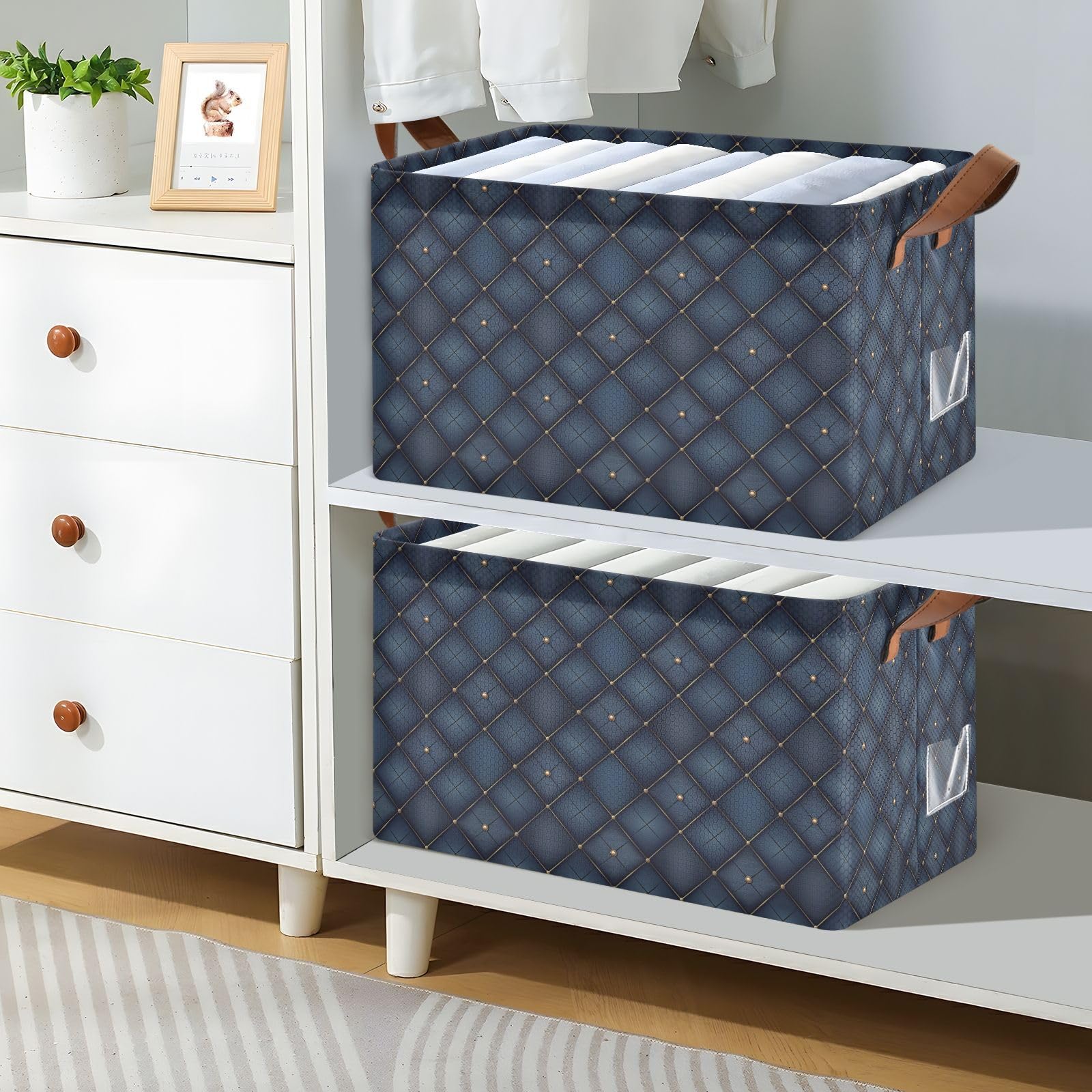 KLL Canastas de almacenamiento de rejilla azul medianoche para estantes con asas, cubos de almacenamiento para organizar ropa, jeans, libros, paquete de 2 cajas organizadoras para armario