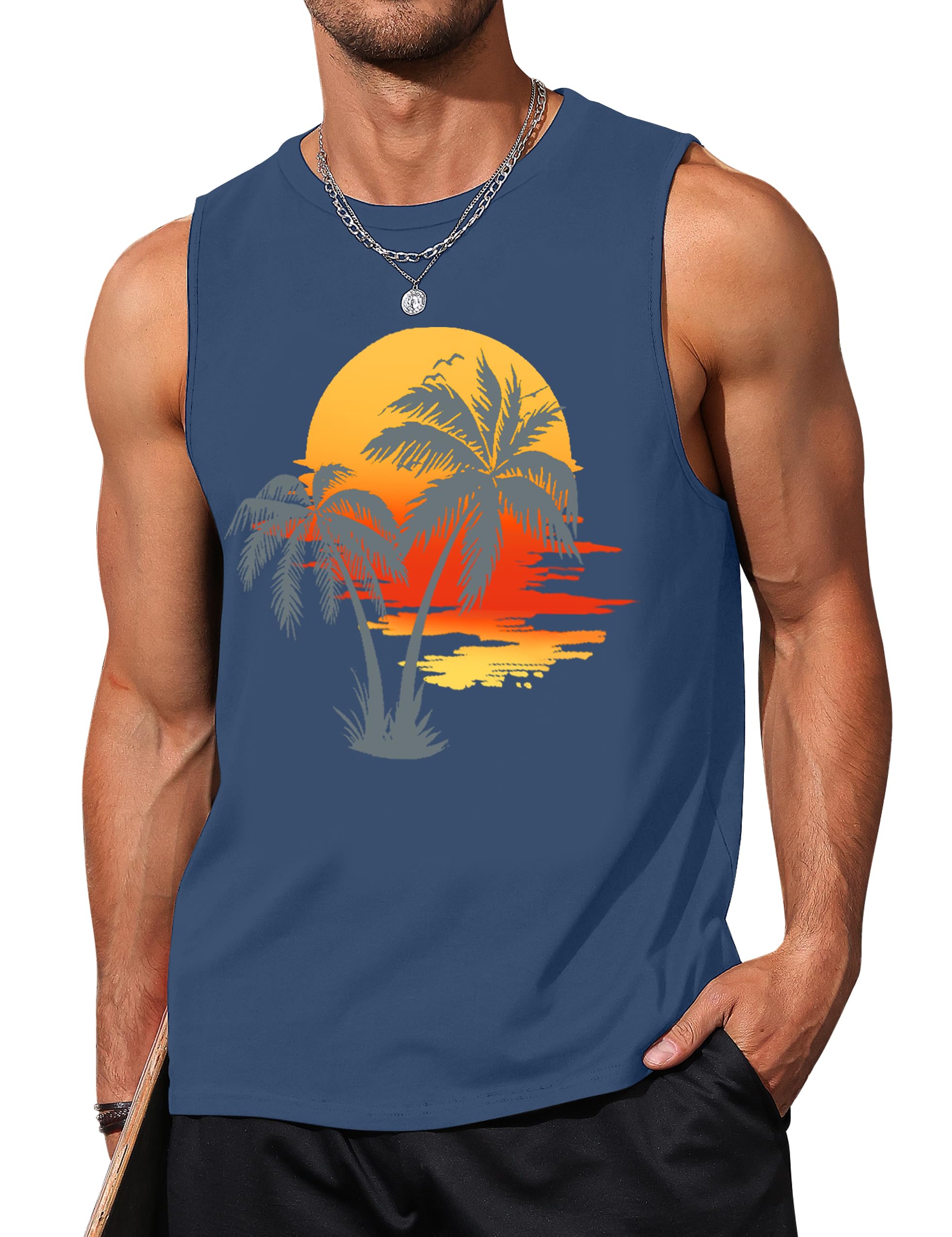 Mens Tank Tops Beach Summer Sleeveless Shirts Graphic Palm Tree Vacation Tanks Muscle Gym Tank Top