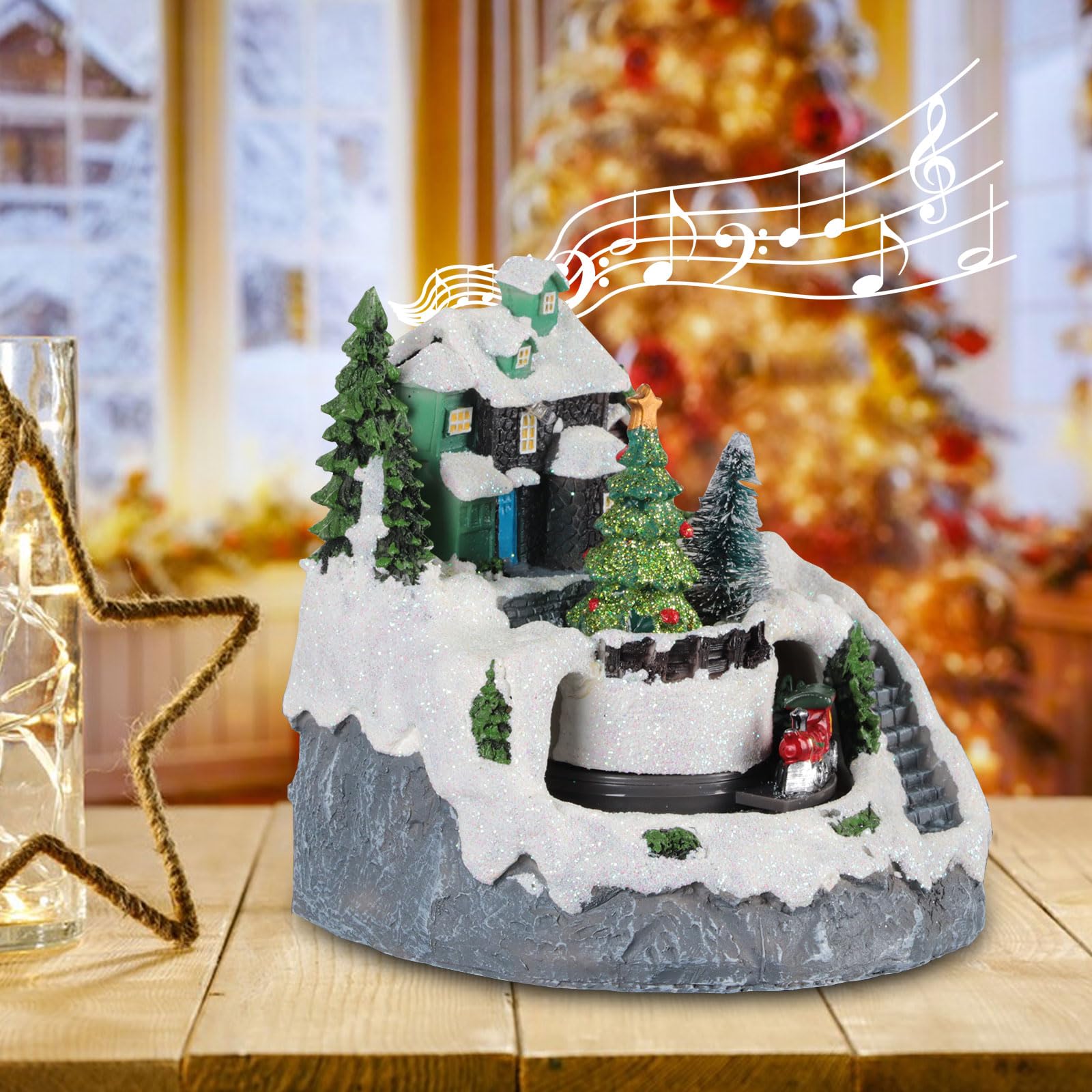 Village de Noel Lumineux, Village de Noel Miniature avec LED, Musical et Treno Tournant Animé, Alimentation par Batterie et USB Village Noel Petite maisons de Noël pour Fête de Noël Decoration