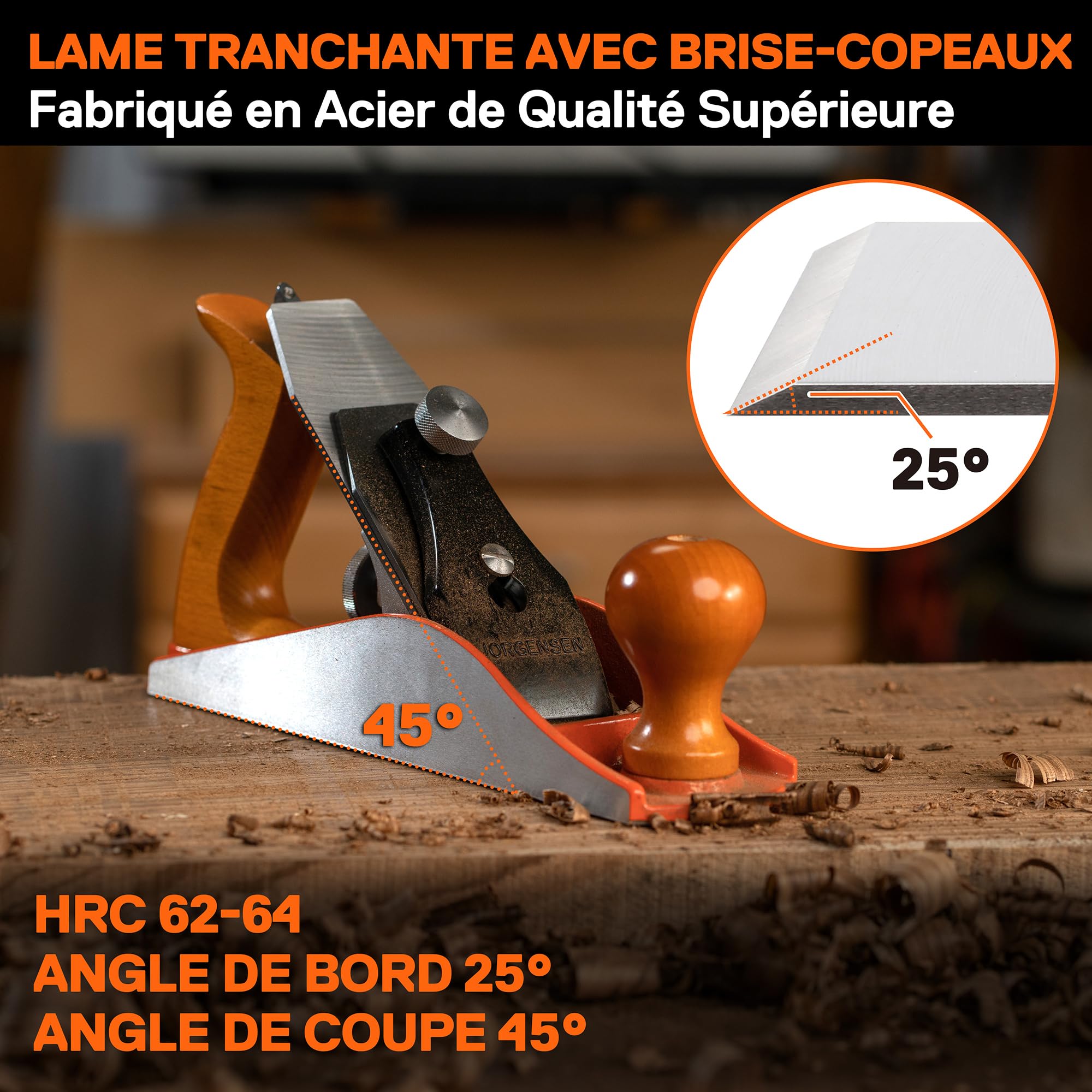 JORGENSEN Rabot N°4 à Bois, Rabot à Main Menuisier Manuel pour Travail du Bois, Corps en Fonte, Réglage de Profondeur de Coupe, Finition Précise pour Ébéniste, etc