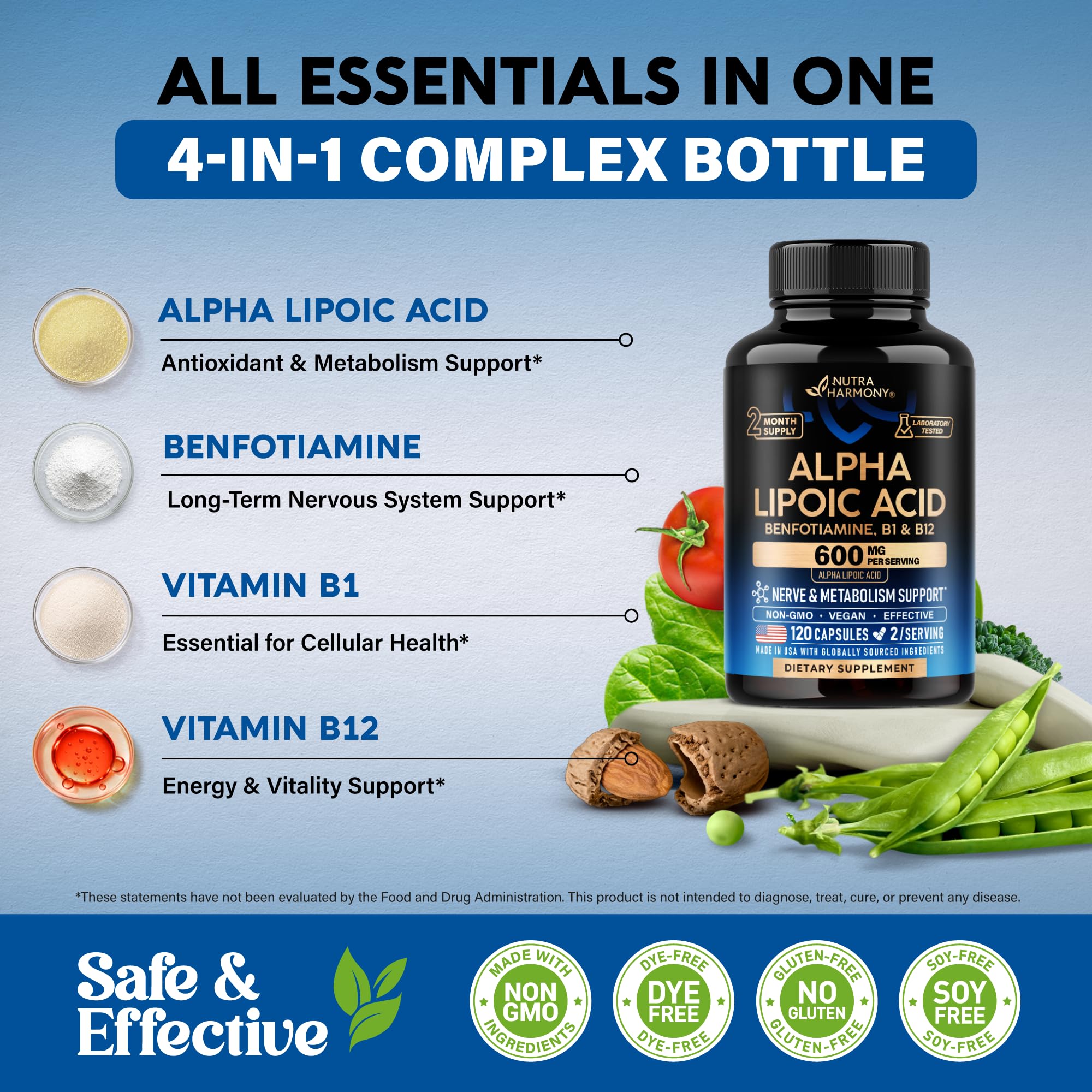 Alpha Lipoic Acid 600mg - ALA Supplement + Benfotiamine B1 & B12 - 120 Caps — Amazon image 4