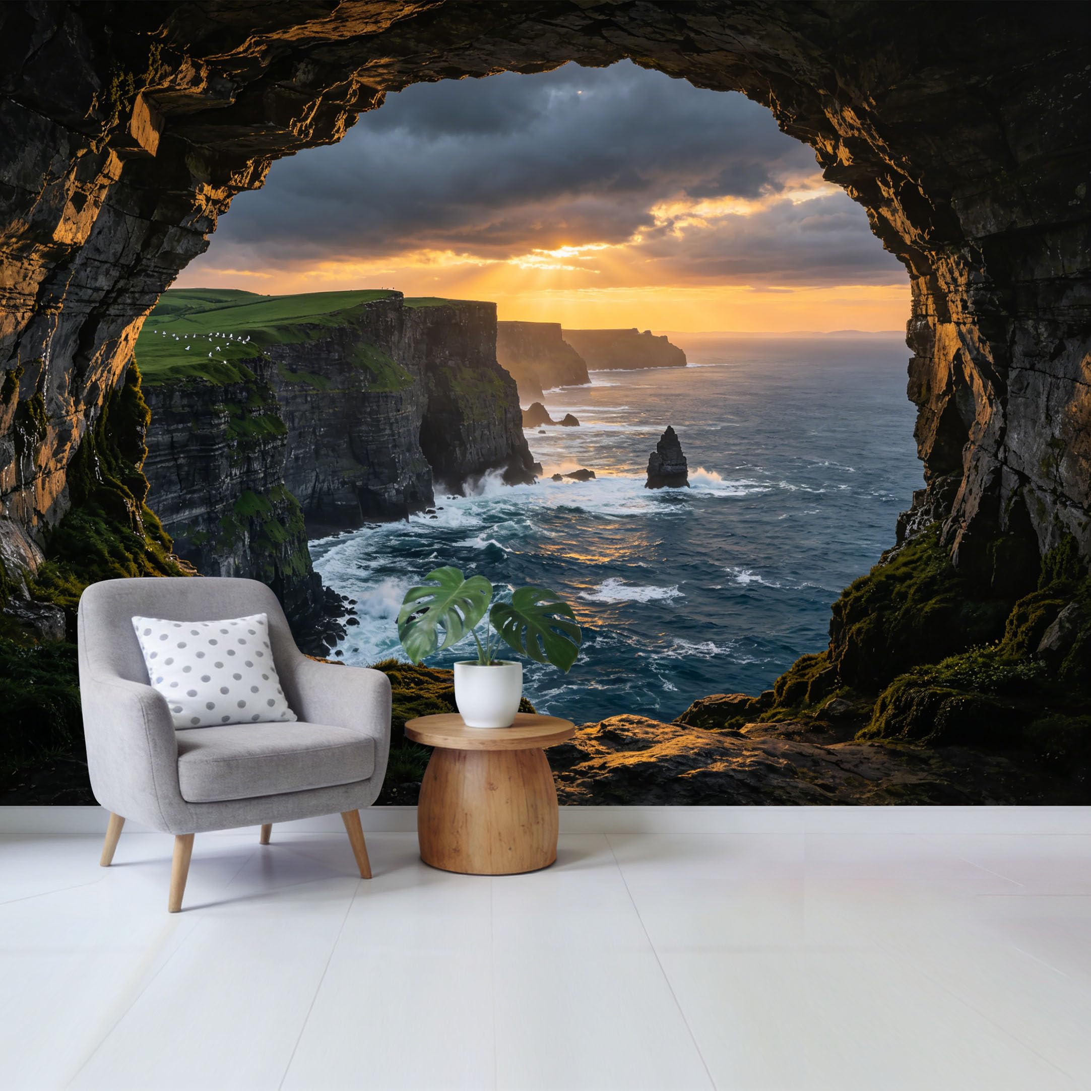 Custom Size Wall Mural Coastal Cliff Ocean Sunset View Landscape Removable Self Adhesive Fabric， Home Wall Decor for Living Room Bedroom Bathroom