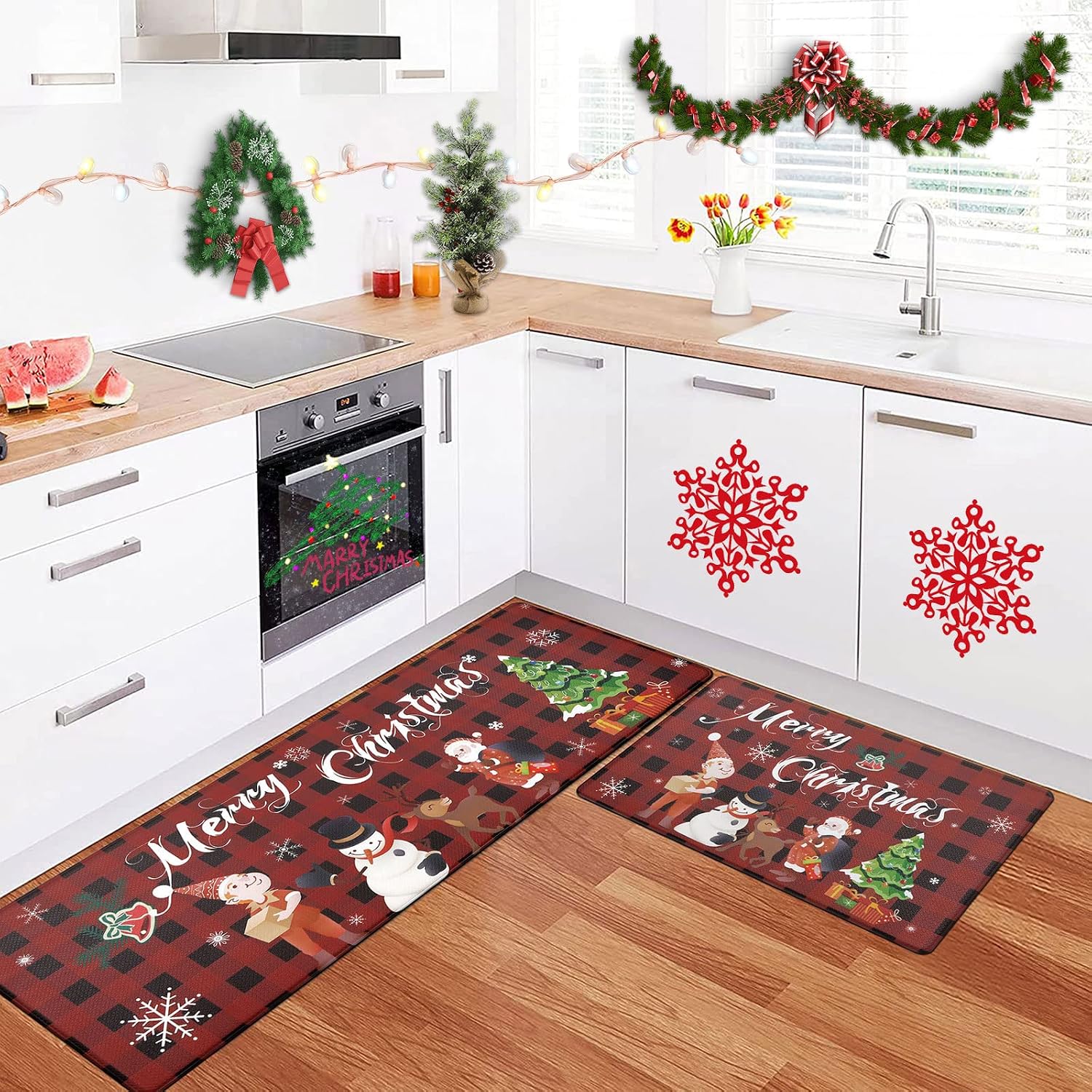 U'Artlines 2 Piece Christmas Kitchen Rugs, Anti Fatigue Cushioned Christmas Elk Santa Claus Non Slip Waterproof Heavy Duty Comfort Standing Mats for Winter Holiday Home Party Decorations (Red)