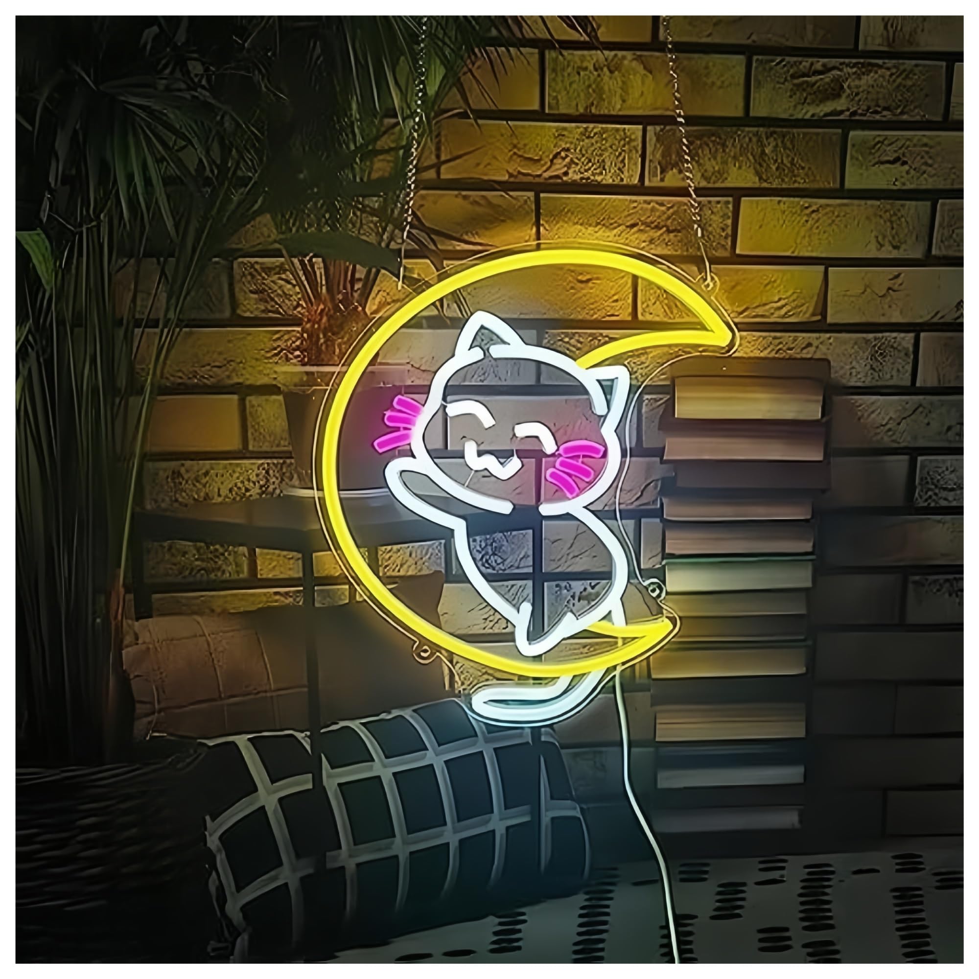 cartelli al neon personalizzati Simpatico Gatto Luna Insegna Al Neon Alimentata Tramite USB Per Bagno Camera Da Letto Famiglia Festa Bar Salone Arredamento Aziendale 28.4cm×33.5cm