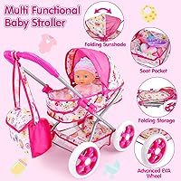 Vista 4 de Juego de cochecito de muñeca de bebé para niñas pequeñas de 3-5, 4, 6, 5-7, juego de muñecas con muñeca de 11 pulgadas, bañera y 20 accesorios