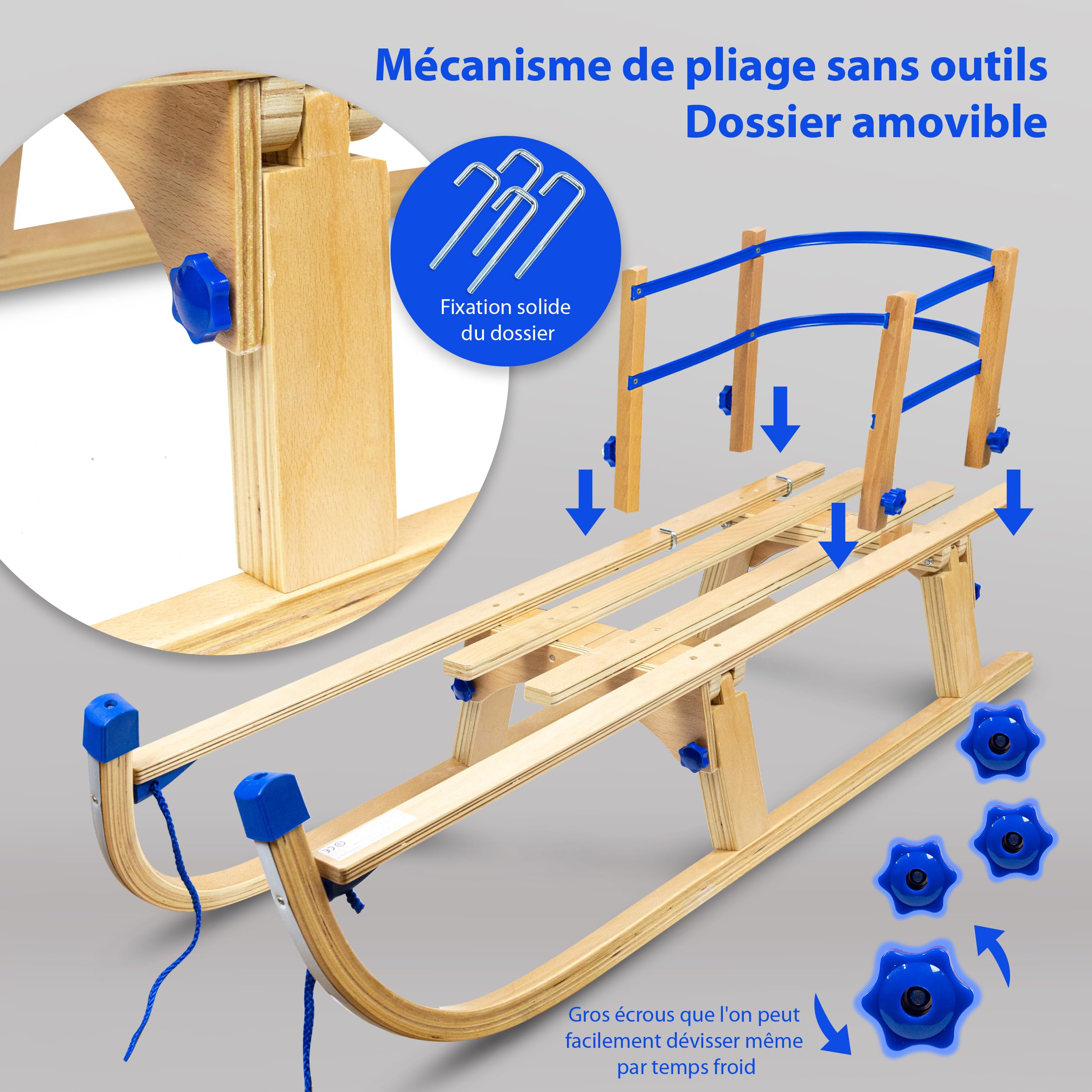 Gagadumi Arctis Luge pliable en bois avec dossier – Luge robuste et peu encombrante pour l'hiver, idéale pour s'amuser dans la neige et les aventures en plein air