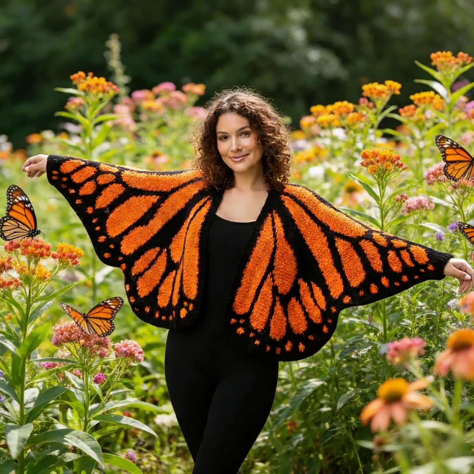 2026 wielokolorowy monarcha motyl dzianinowy kardigan, otwarty przód szydełkowany monarcha motyl kardigan/sweter boho dzianinowy okrycie