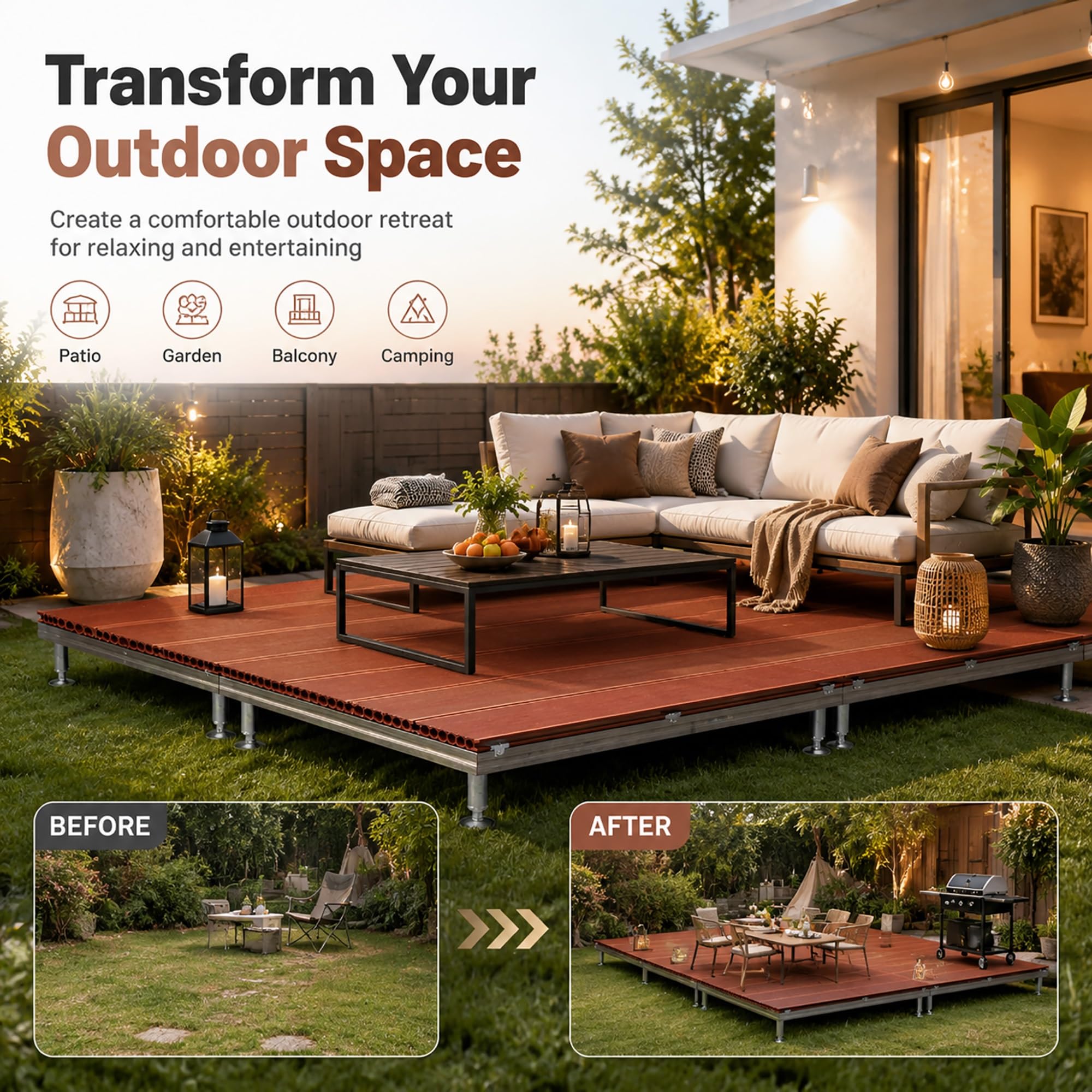 Piattaforma Modulare Rialzata da Patio, Pavimento Modulare in Composito | 84 x 84 cm, Superficie Antiscivolo, Piastrelle Impermeabili per Balcone, Patio e Portico