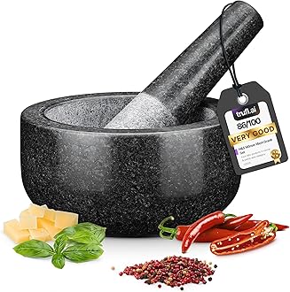 Alliance Mortar and Pestle Set - Premium Stone Pestle and Mortar Bowl & Grinder - Spice Herb Crusher Pesto Guacamole Maker for Kitchen - 4.7" (12cm) Diameter - Black Granite