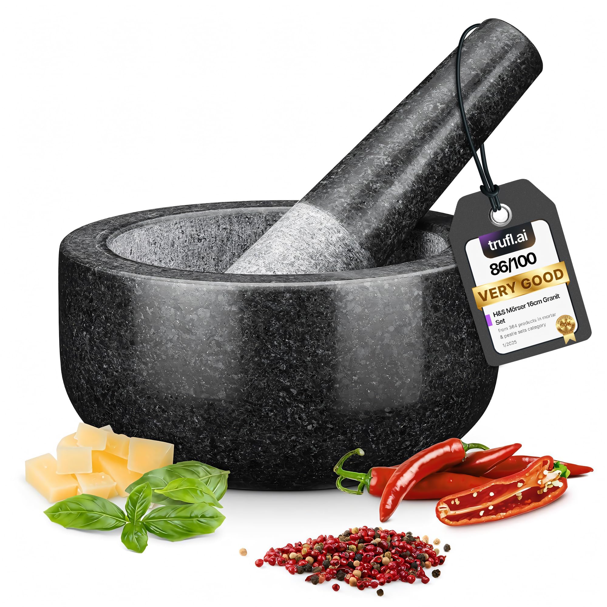 H&S Alliance Mortar and Pestle Set - Premium Stone Pestle and Mortar Bowl & Grinder - Spice Herb Crusher Pesto Guacamole Maker for Kitchen - 4.7" (12cm) Diameter - Black Granite