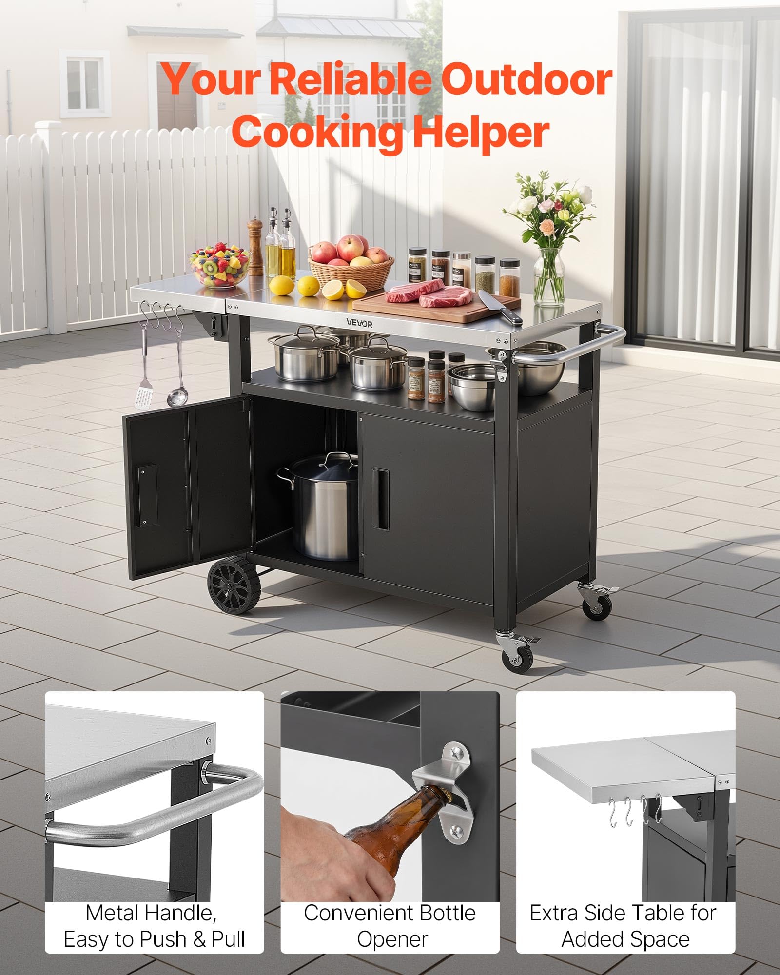 VEVOR Carrello per Barbecue da Esterno, Tavolo Carrello Portaoggetti Ripiano Preparazione Piatti Cibi 124 cm, Mobiletto con Ruote Impermeabile da Giardino Cortile Picnic Campeggio Isola Cucina