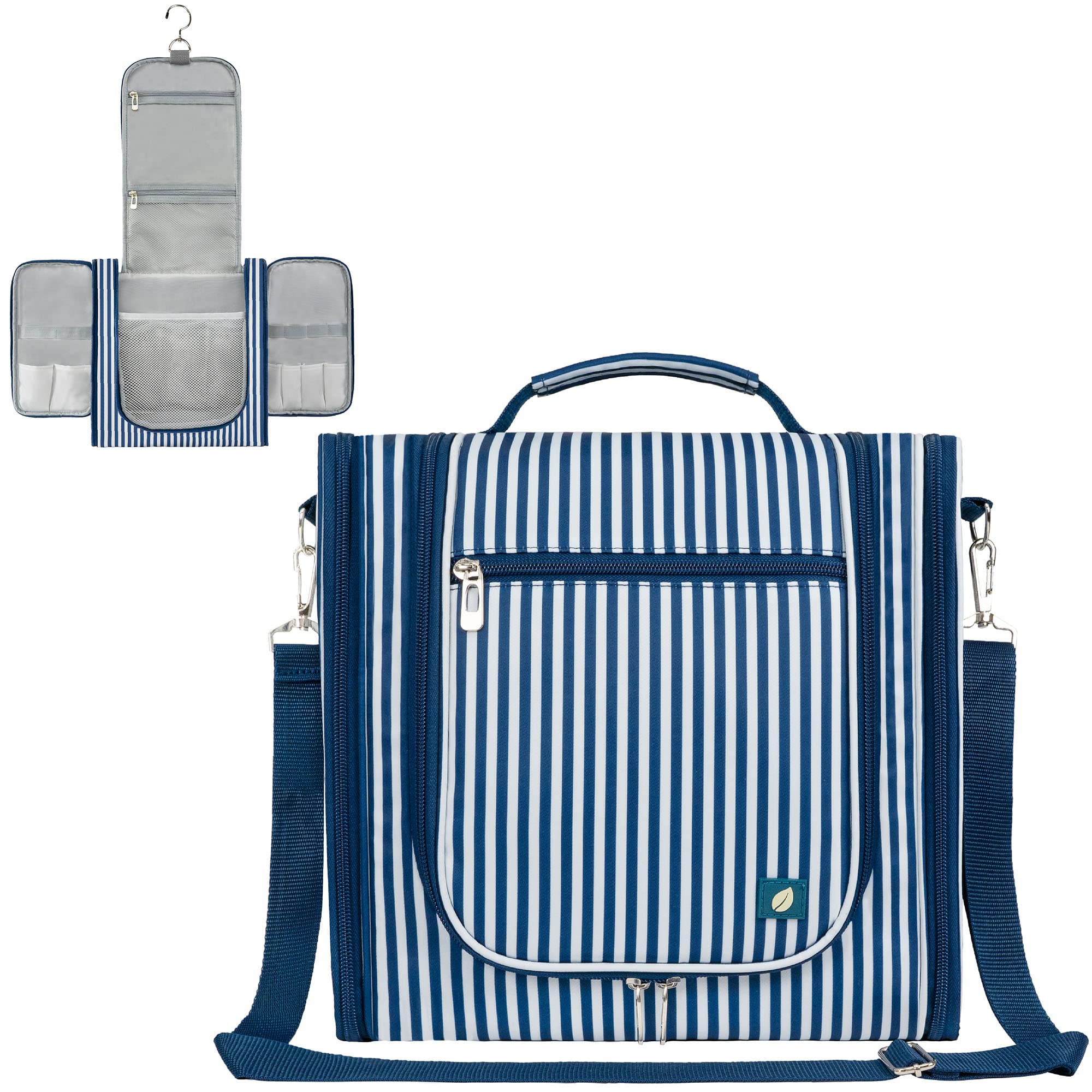 PAVILIA Large Hanging Toiletry Bag for Women Men, Travel Toiletry Bag Organizer for Toiletries, Cosmetics, Makeup Bag with Mesh, Water Resistant Pockets (Stripe Navy)