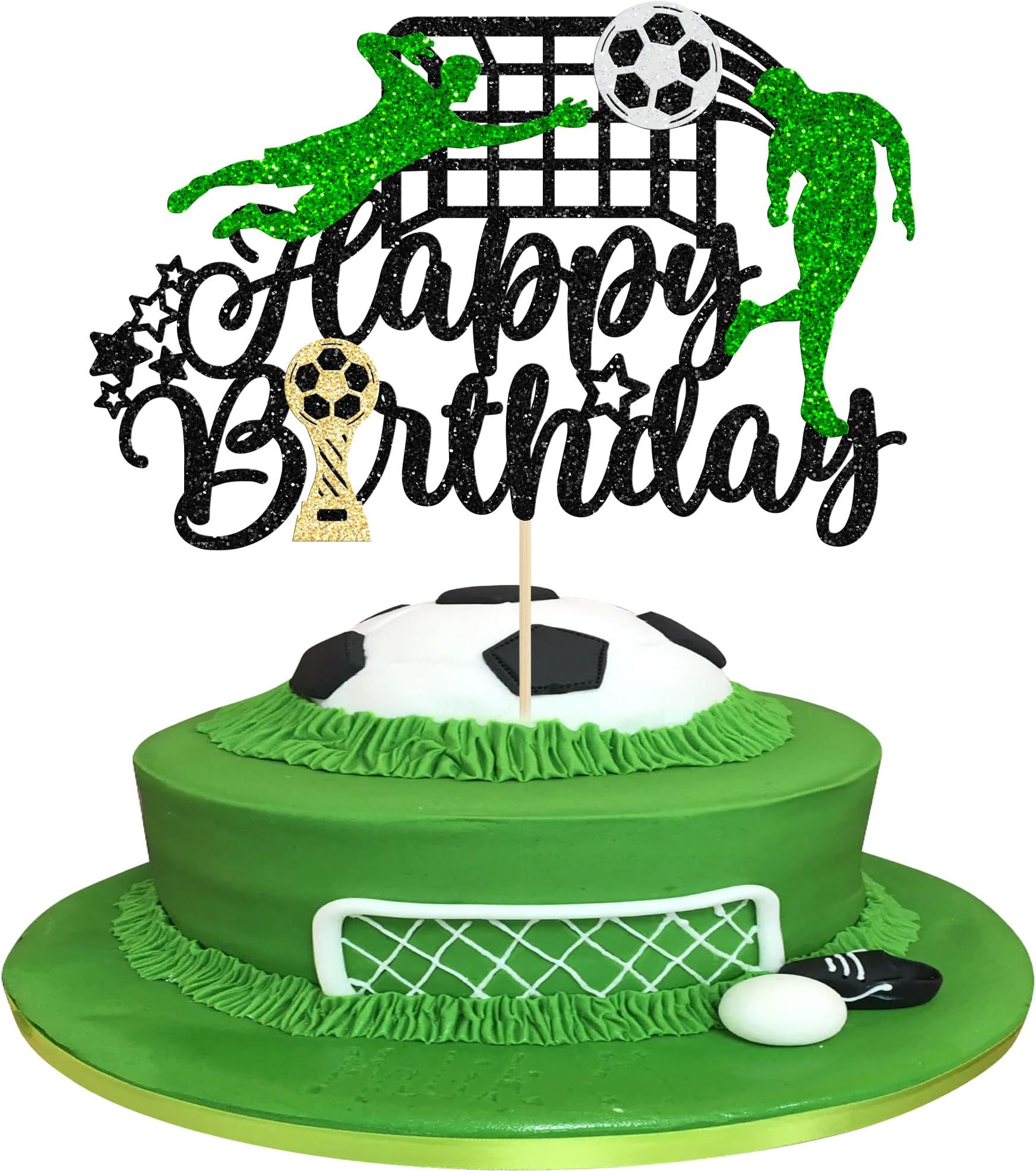 1Pcs Soccer Happy Birthday Cake Topper Glitter Happy Birthday Sign Football Player Cake Pick Decorations for Sport Theme Man Boy Girl Birthday Party Decoration Supplies Black