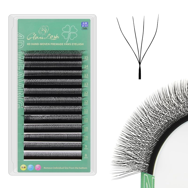 Extensões de cílios GLAMLASH W 4D pré-montadas, curvatura C, 0,07 mm, 9 mm