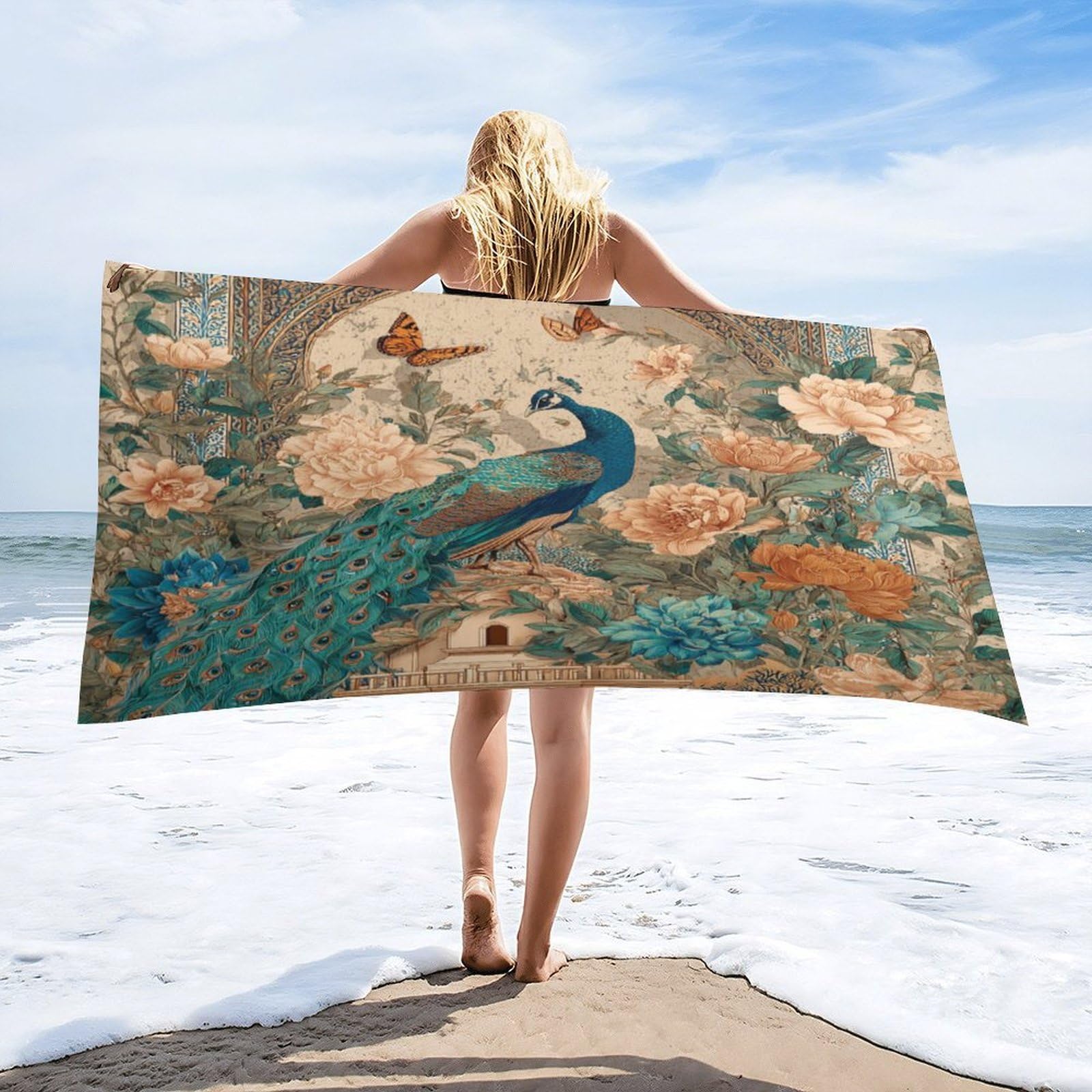Luyysky Classic Realistic Elegant Peacock Absorbent Beach Towel, Rustic Bohimian Animal Butterflies Peacock Plant Flowers Outdoor Single-Sided Velvet Beach Towel-80 W Cm X 160" L Cm