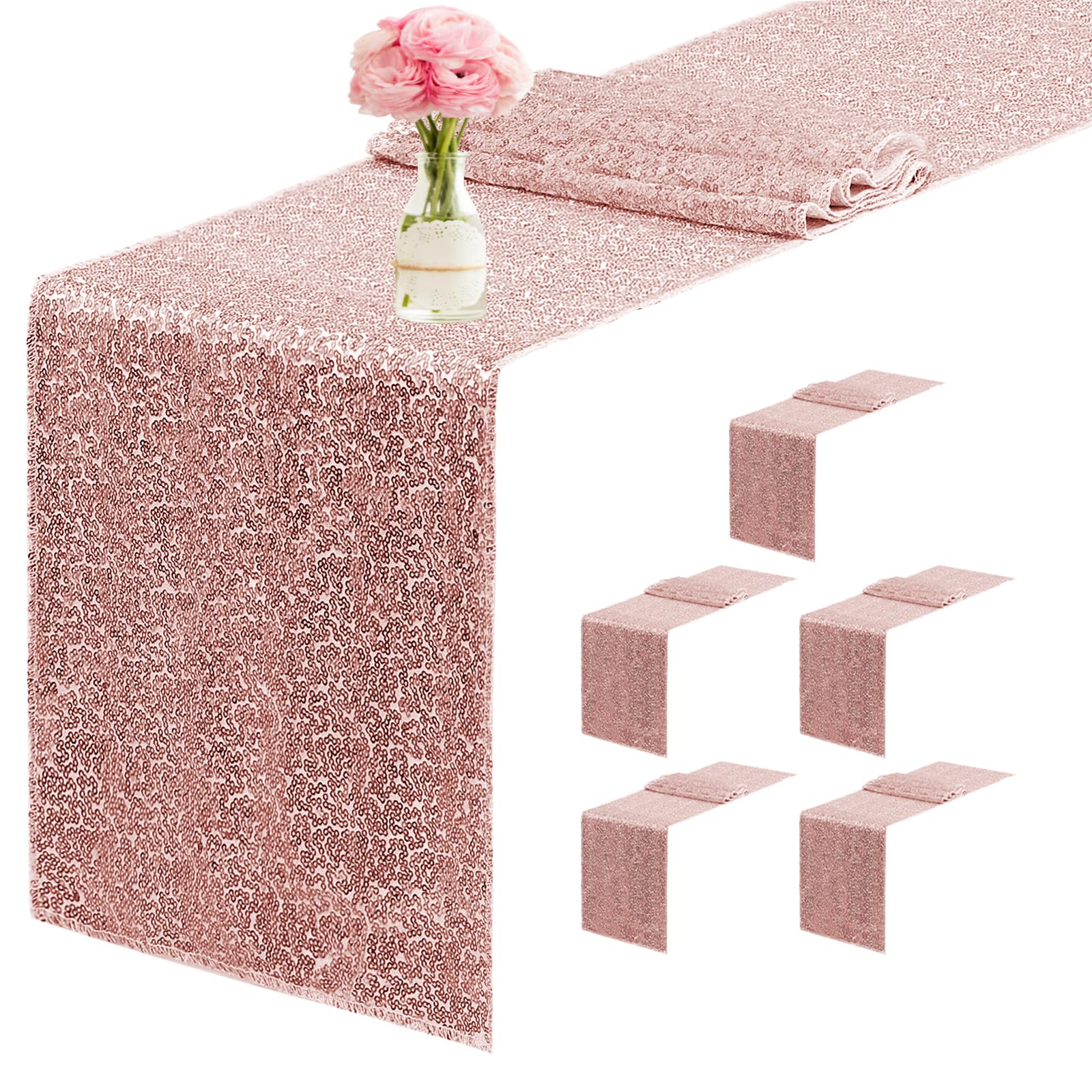 Yblut 6 Packs 12 x 72 inches Sequin Table Runner, Rose Gold Glitter Table Runner for Birthday Party Supplies Wedding Engagement Baby Shower Holiday