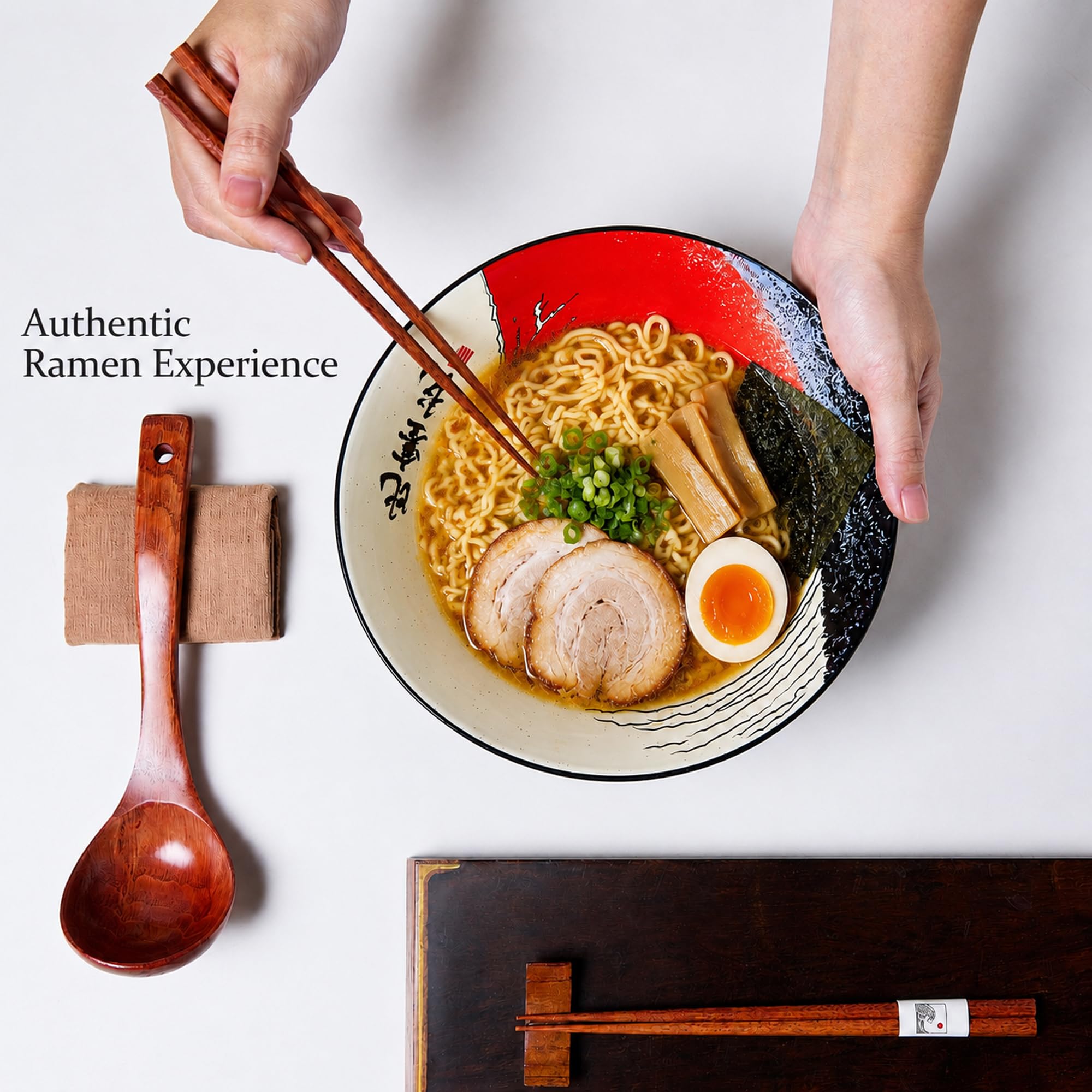 BICETTO Juego de cuencos japoneses para ramen con diseño Fuji rojo, cuencos grandes de cerámica de 60 onzas, cucharas, palillos para ramen, ensalada, poke, regalo premium para los amantes del ramen,