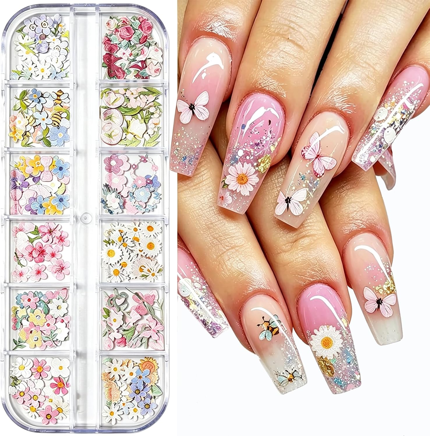 300Pcs 3D Flower Nail Art Charms Sequins Decals Colorful Mixed Flowers Leaves Butterfly Design Slice Nail Flowers Ultra Wood Pulp Flakes Sequins 1